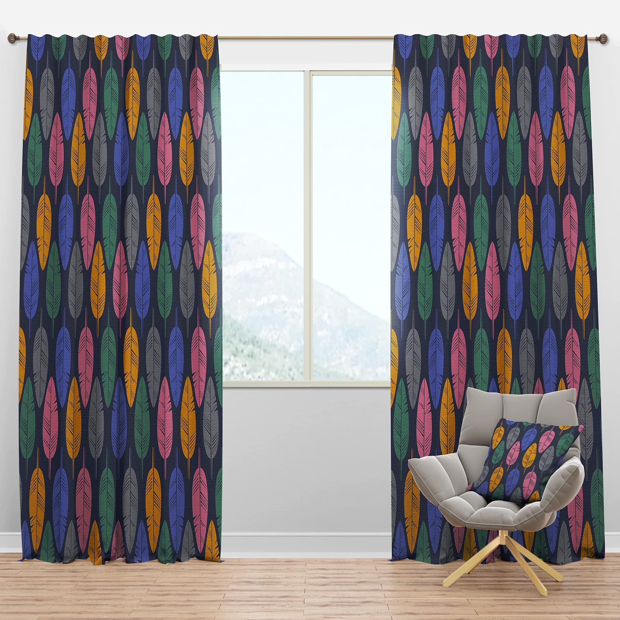 DesignQ Blackout Curtains - Thermal Insulated Single Panel (52x90 Inches) with Multicolored Feather Pattern for Bedroom & Living Room - Noise Reducing & Energy Saving Window Drapes for Better Sleep & Privacy