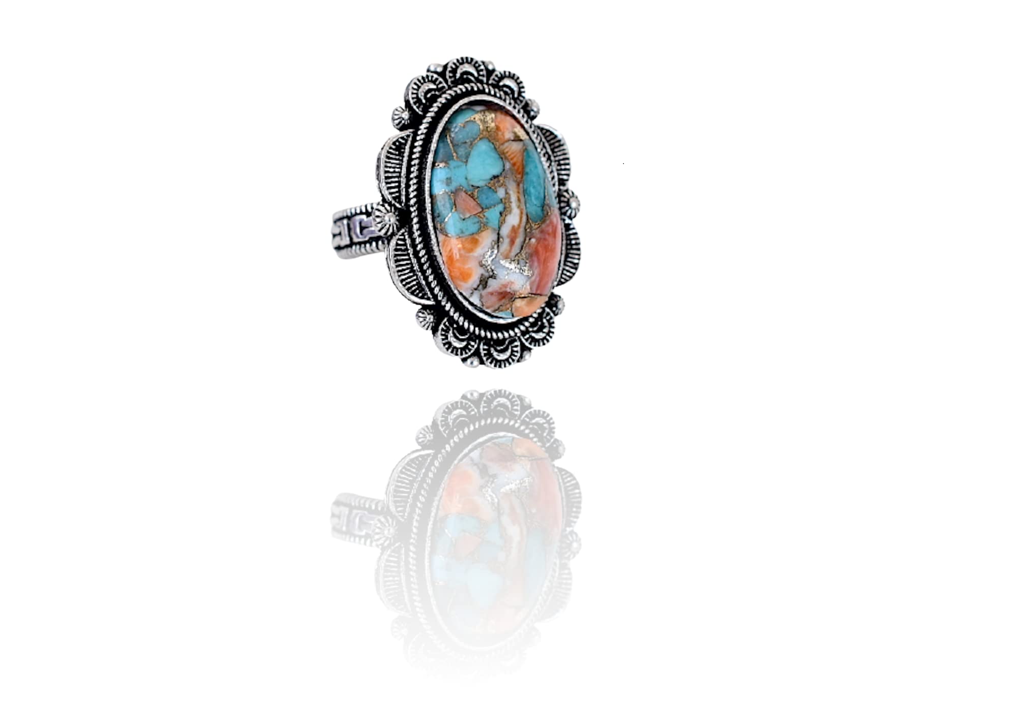 Vintage Handmade 925 Sterling Silver Oyster Copper Turquoise Ring - Boho Hippie Jewelry for Women - Unique Spiny Turquoise Birthstone Gift - Perfect for Birthday, Anniversary & Boho Fashion - TQ-09