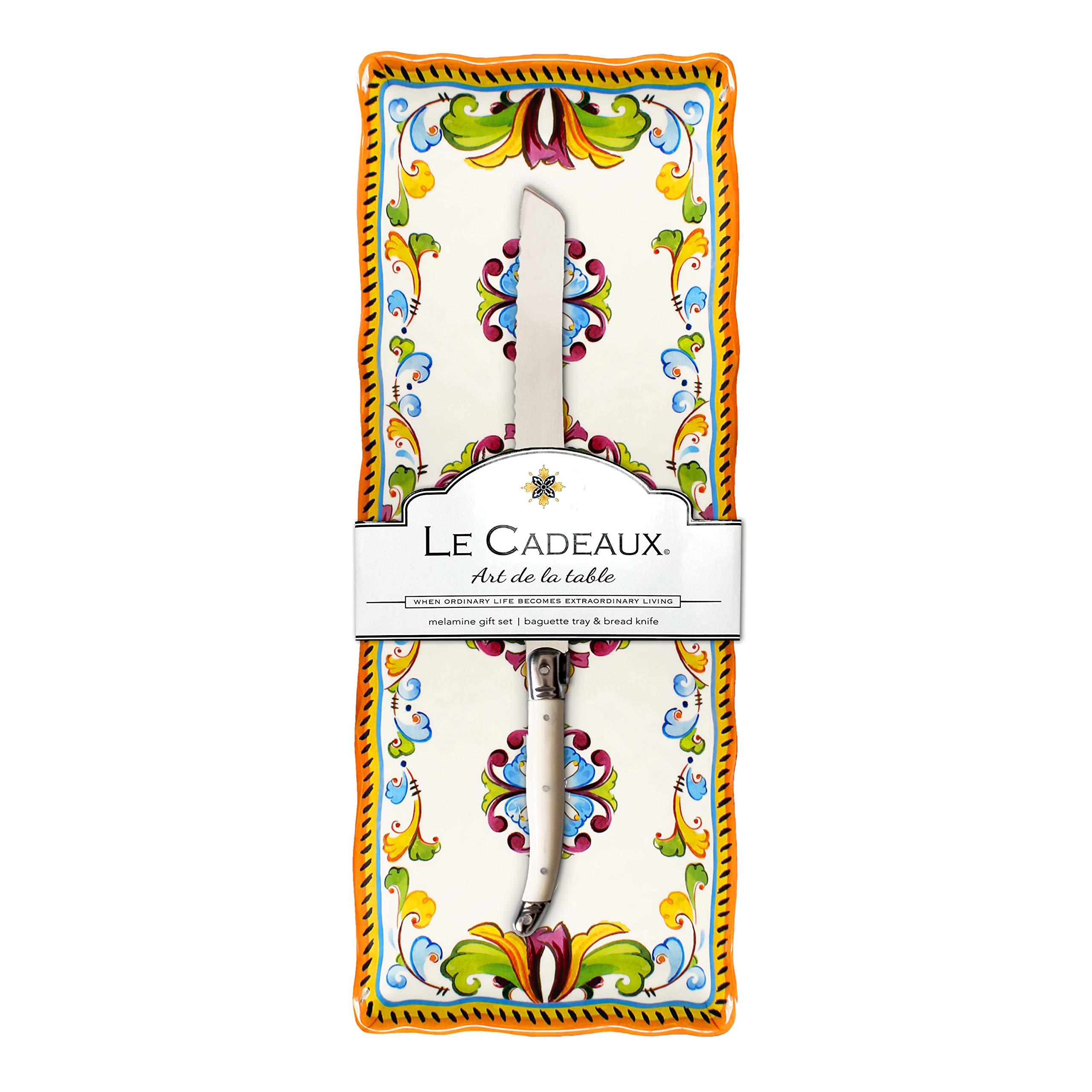 Toscana Melamine Baguette Tray with Bread Knife Gift Set - Elegant Serving Platter for French Bread, Cheese & Charcuterie | Perfect for Dinner Parties, Picnics & Holiday Gatherings