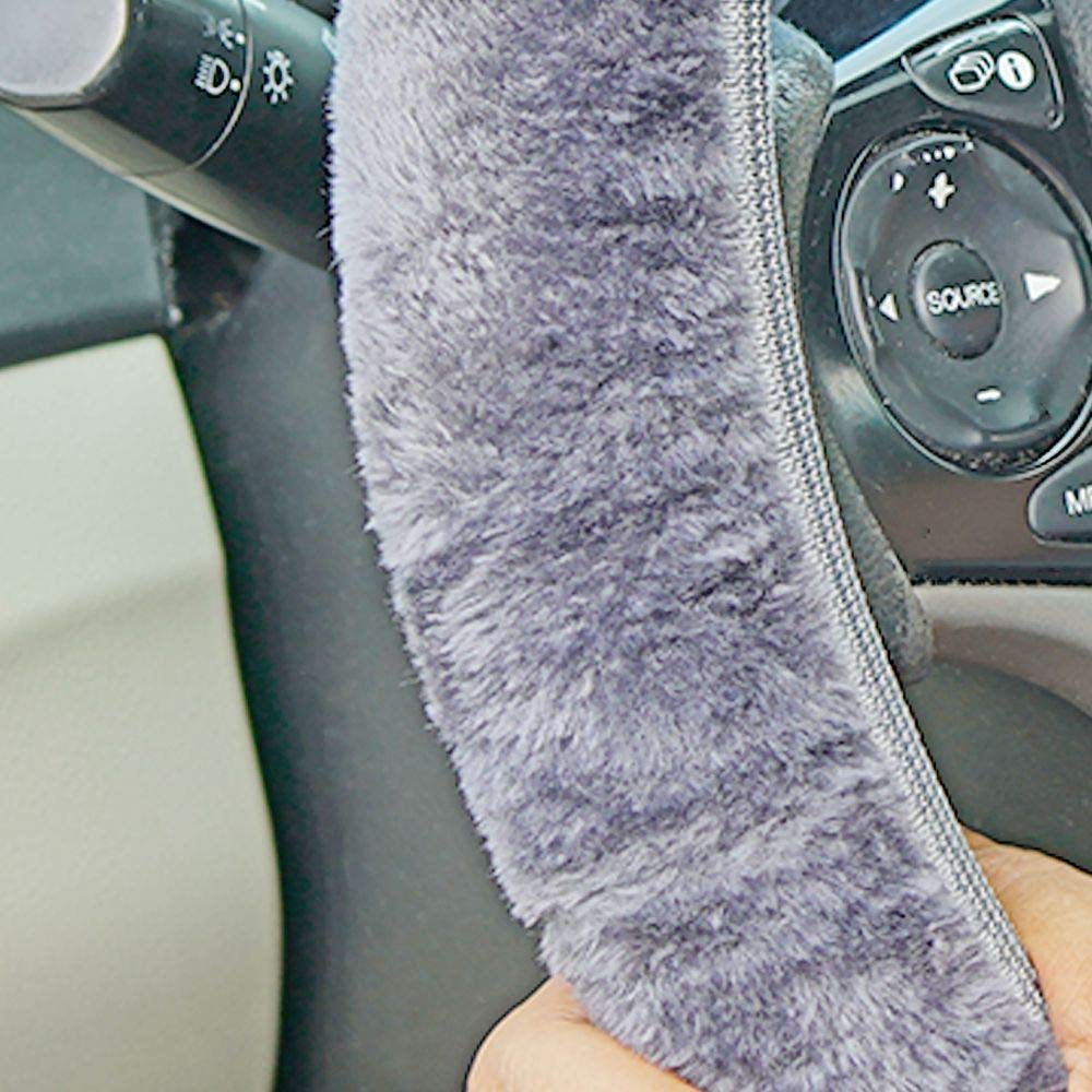 Soft Plush Steering Wheel Cover - Elastic Stretchable Gray Car Accessory - Universal Fit 14