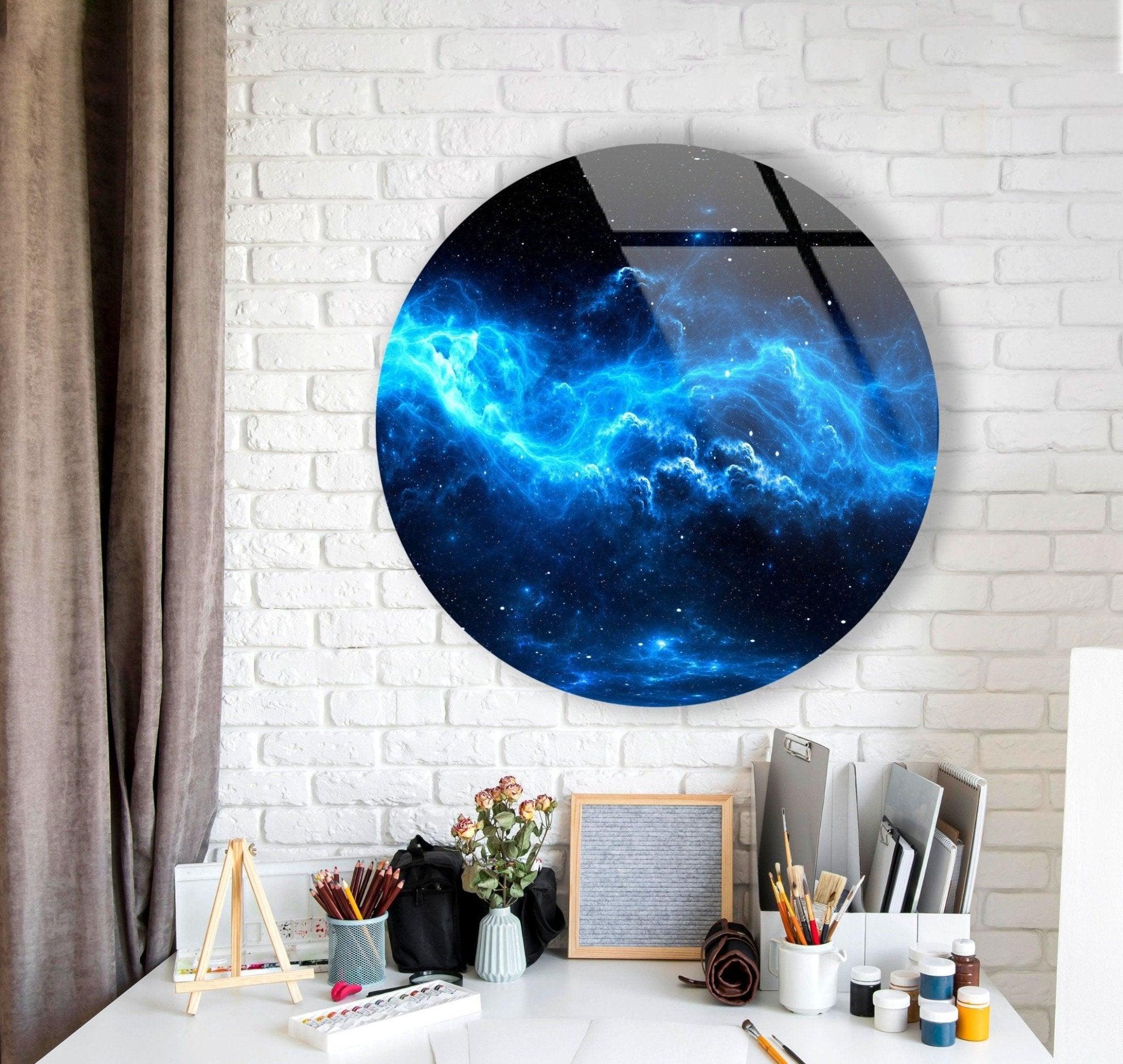 Abstract Round Blue Space Glass Wall Art Decor - Modern Handmade Glass Mural for Living Room, Bedroom & Office Decor