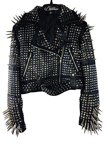 Punk Black Leather Studded Handmade Jacket for Women - Gothic Vintage Motorcycle Biker Jacket - XS Size - Perfect for Concerts, Halloween & Cosplay