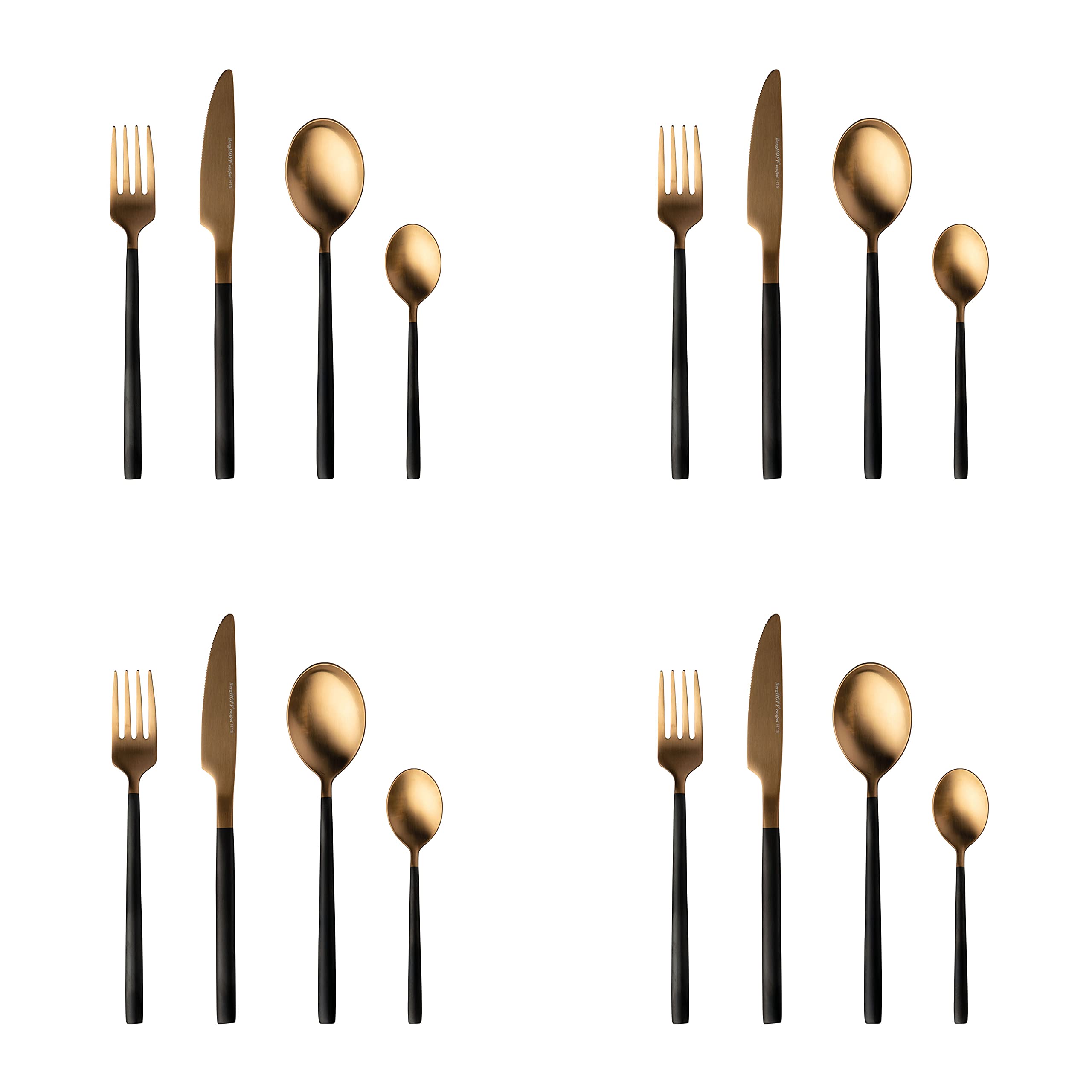 BergHOFF GEM Premium 18/10 Stainless Steel 16-Piece Flatware Set - Black & Gold Titanium PVD Coated, Ergonomic Handle, Dishwasher Safe - Elegant Cutlery for 4 People - Perfect for Dinner Parties, Weddings & Upscale Dining
