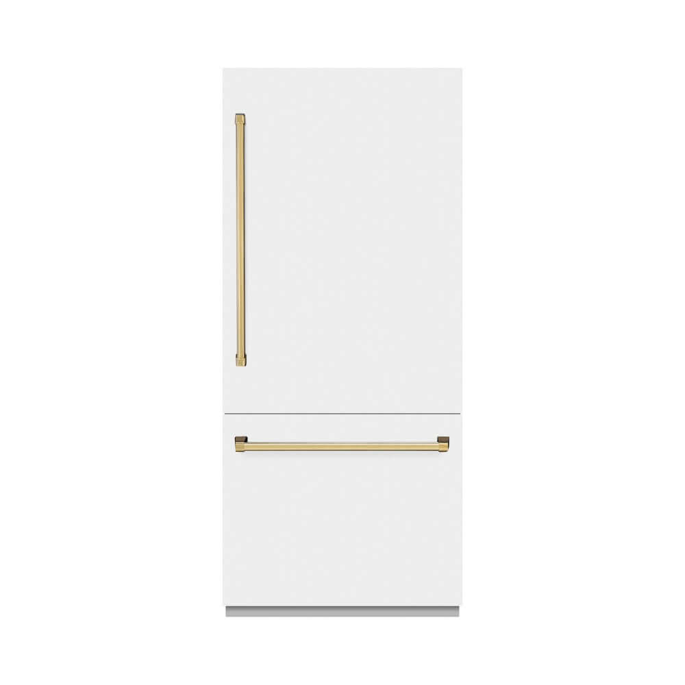 ZLINE Autograph Edition 36 Inch Built-In Bottom Freezer Refrigerator - 19.8 cu ft Capacity, Water Dispenser & Ice Maker - White Matte Exterior with Graphite Gray Interior & Polished Gold Accents (GRBITZ WM 36 G) - Perfect for Modern Kitchens, Open-Concept Homes & Luxury Appliance Upgrades