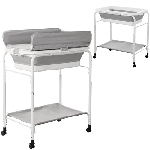 2-in-1 Portable Baby Changing Table with Bathtub | Foldable Diaper Changing Station with Wheels | Height Adjustable for Newborns & Infants | Perfect for Nursery, Travel & Bath Time Convenience