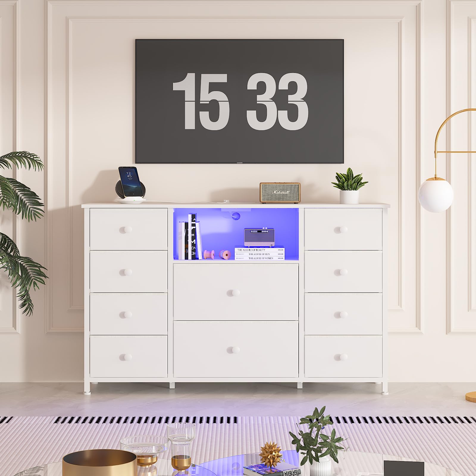 Modern White 10-Drawer Dresser with USB Charging Station & LED Lights - Fabric Storage Organizer with PU Finish for Bedroom, Living Room, or TV Stand - Perfect for Home Organization and Stylish Storage Solutions