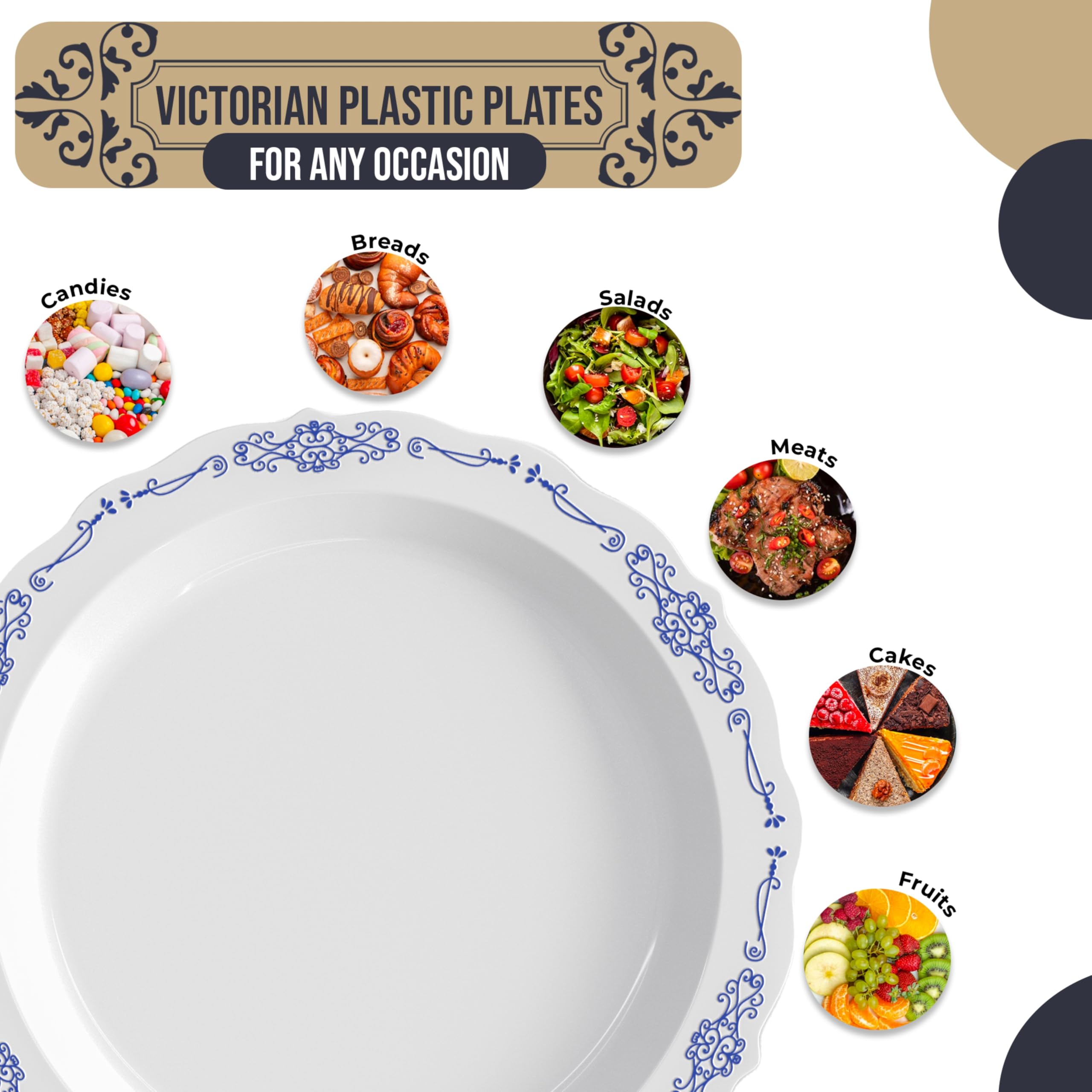Victorian Style 60-Piece Heavy Duty Disposable Plastic Plates Set - 10 Inch White & Navy Dessert Plates for Parties, Weddings, and Events - Perfect for Serving 60 Guests