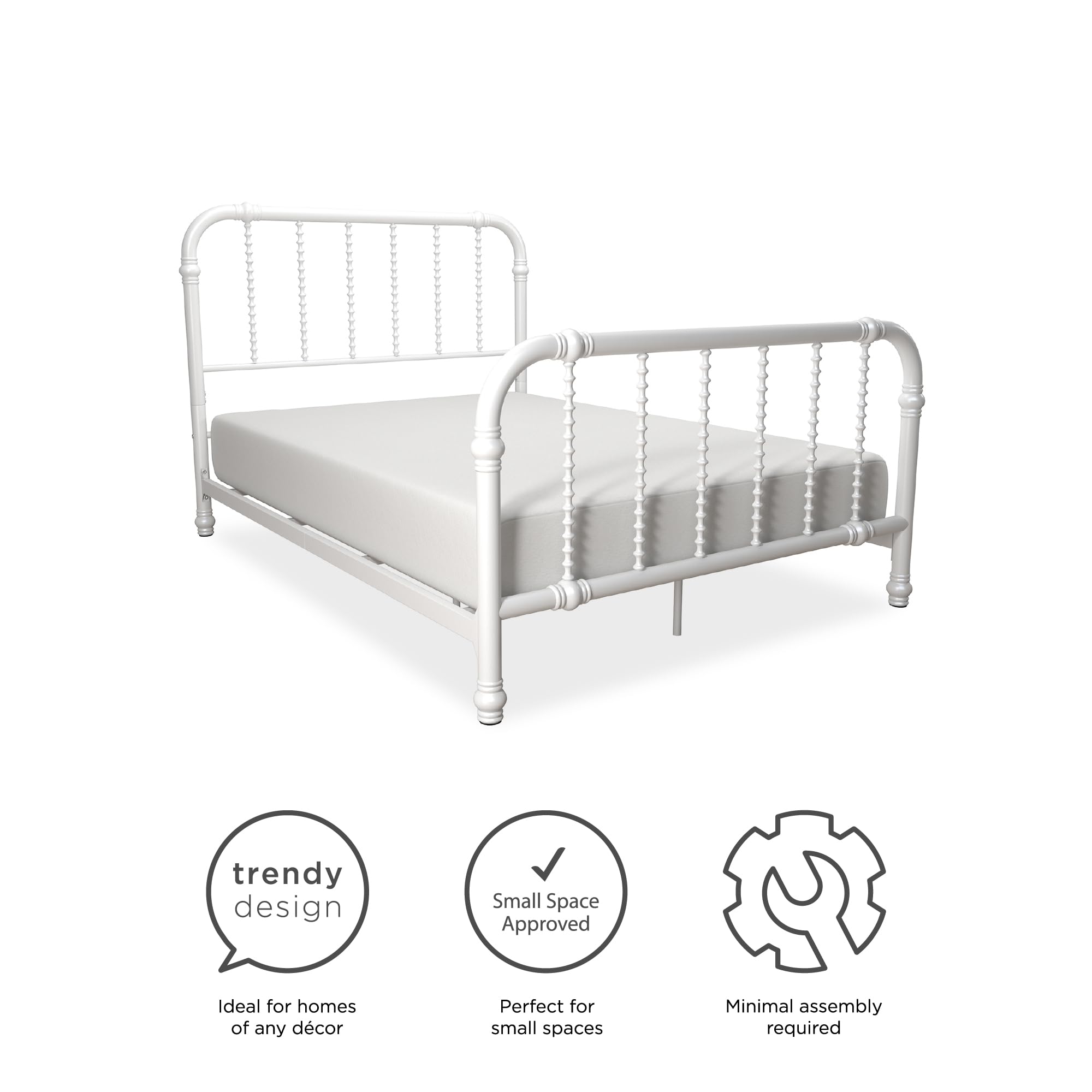 DHP Jenny Lind Twin Metal Bed Frame with Country Chic Headboard & Footboard - White Kids Bed with Underbed Storage Space for Toys | Perfect for Children's Bedrooms, Playrooms & Small Spaces