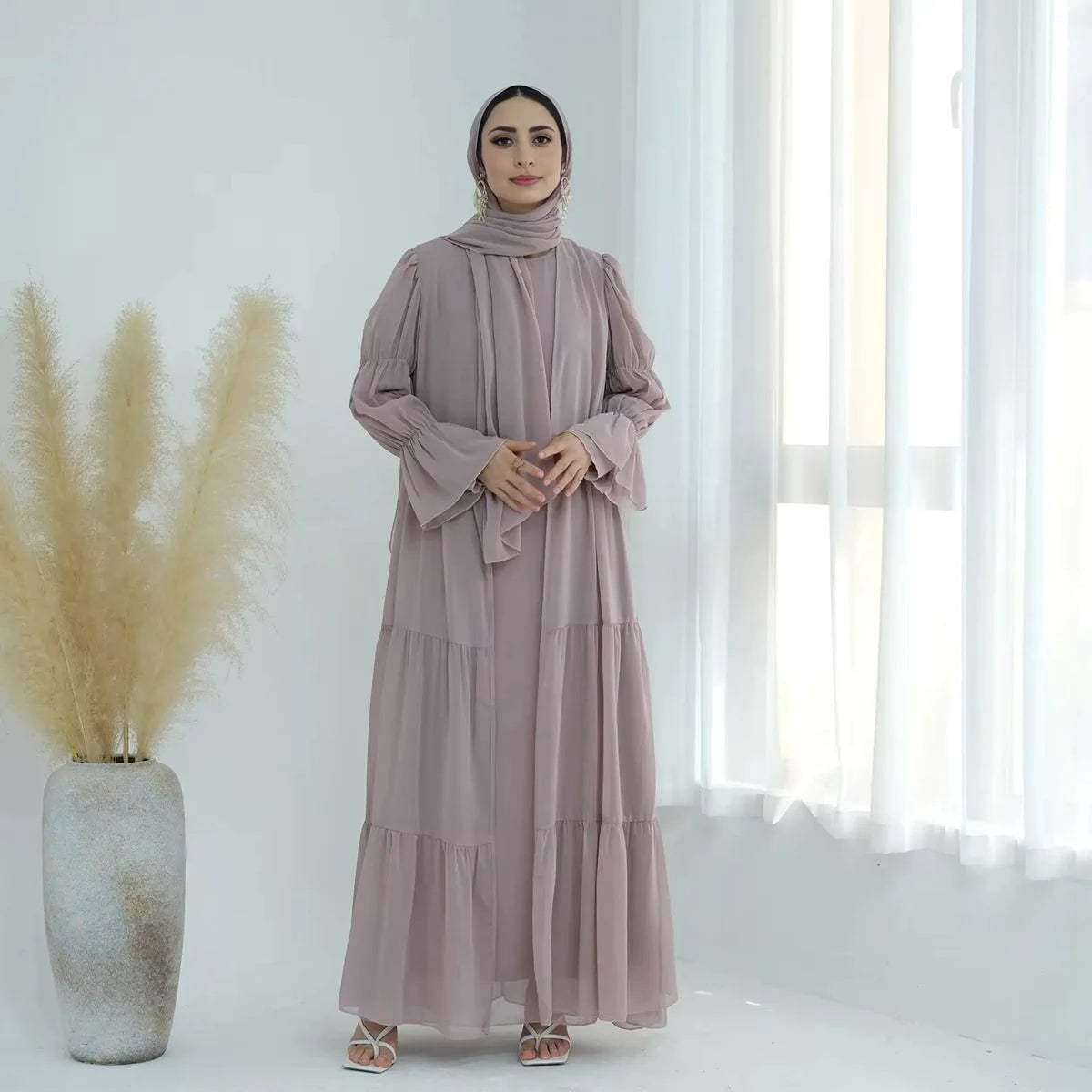 2 Piece Set Chiffon Open Abaya Dress with Inner Dress - Elegant Muslim Women's Prayer Dress for Ramadan, Eid & Special Occasions #25866