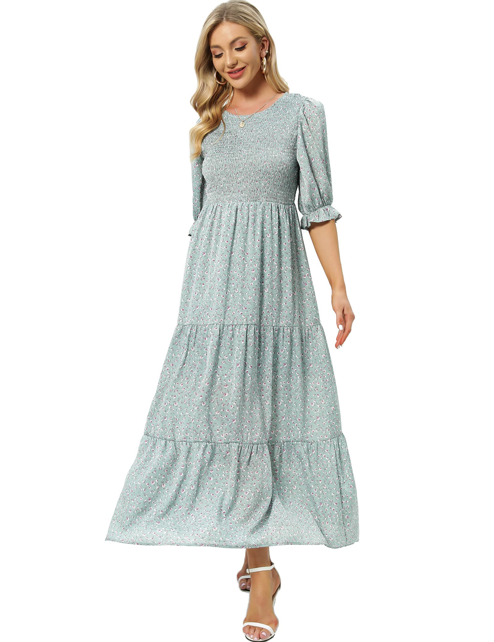Women's Summer Casual Half Sleeve Bohemian Floral Tiered Maxi Dress - Beach Cover Up, Vacation Outfit, Garden Party Dress