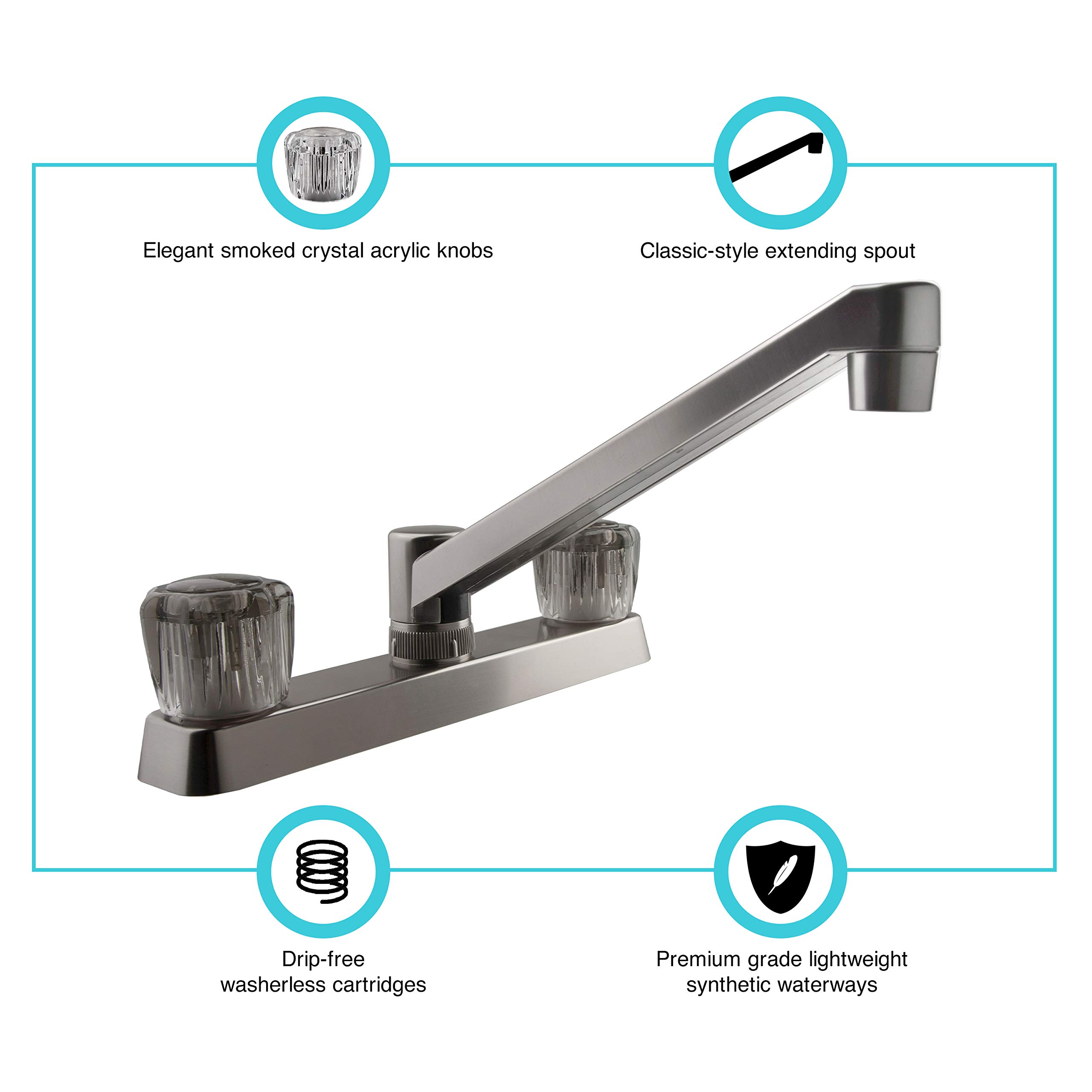 DF-PK600S-SN RV Kitchen Faucet with Smoked Acrylic Knobs in Brushed Satin Nickel - Durable RV & Camper Sink Faucet for Mobile Homes, Trailers, and Tiny Houses