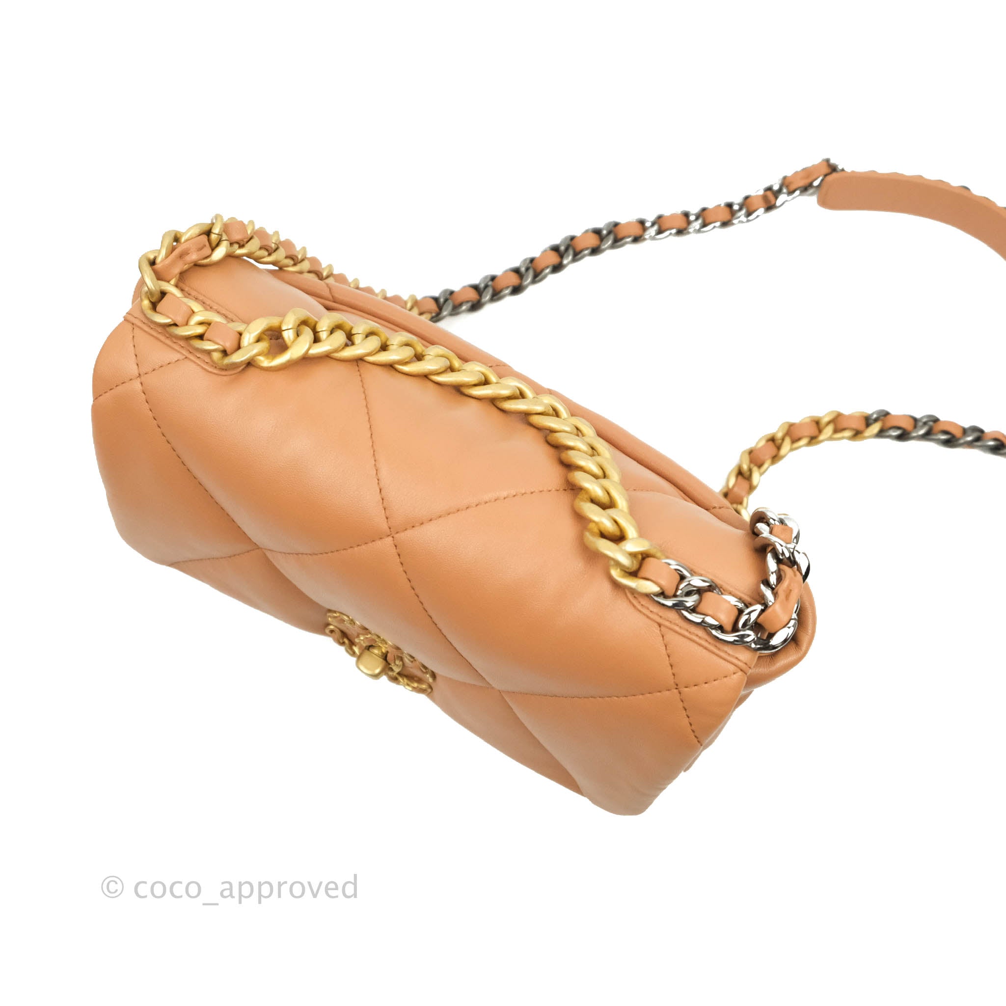 Chanel 19 Small Handbag in Caramel Dark Beige Lambskin Leather with Mixed Hardware 21K Collection - Perfect for Everyday Luxury & Special Occasions