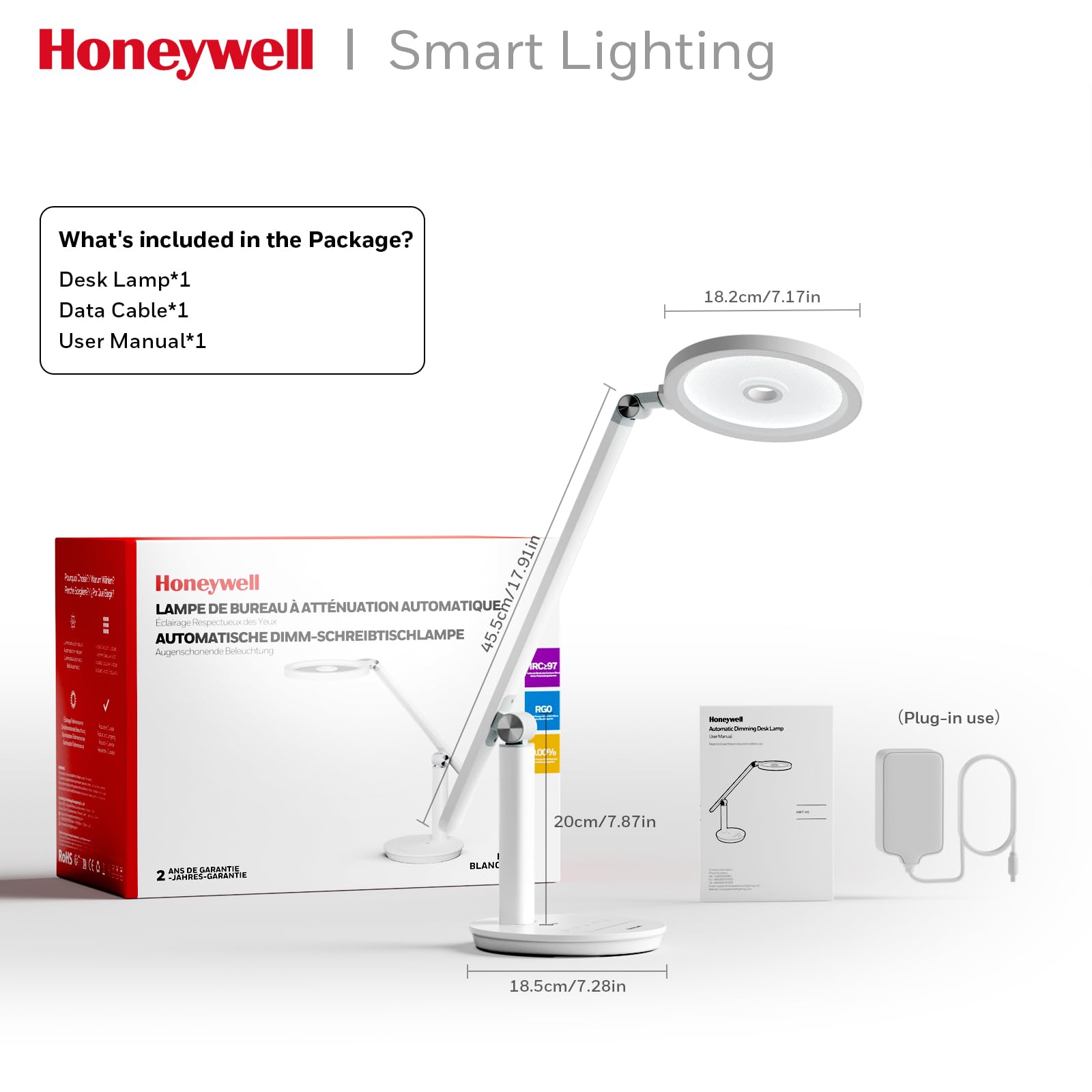 HONEYWELL H6 Sunturalux™ Eye-Caring LED Desk Lamp - 800LM Dimmable Office Light with Timer & Touch Control, Tall Reading Lamp for Home Office, Study, Bedroom, Webcam Lighting - Perfect for Zoom Meetings, Night Reading & Workspace Illumination