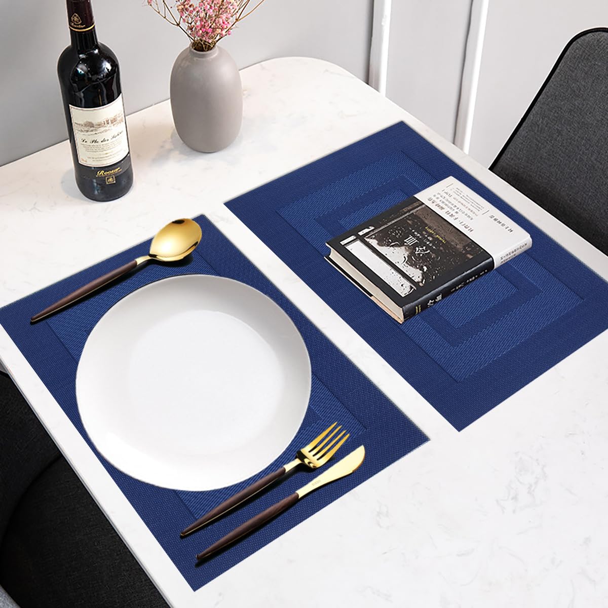 Washable Woven Vinyl Placemats Set of 6 - 18x12 Inches Navy Blue Plastic Table Mats for Dining Room, Kitchen, Party & Outdoor Use - Durable, Easy to Clean & Non-Slip