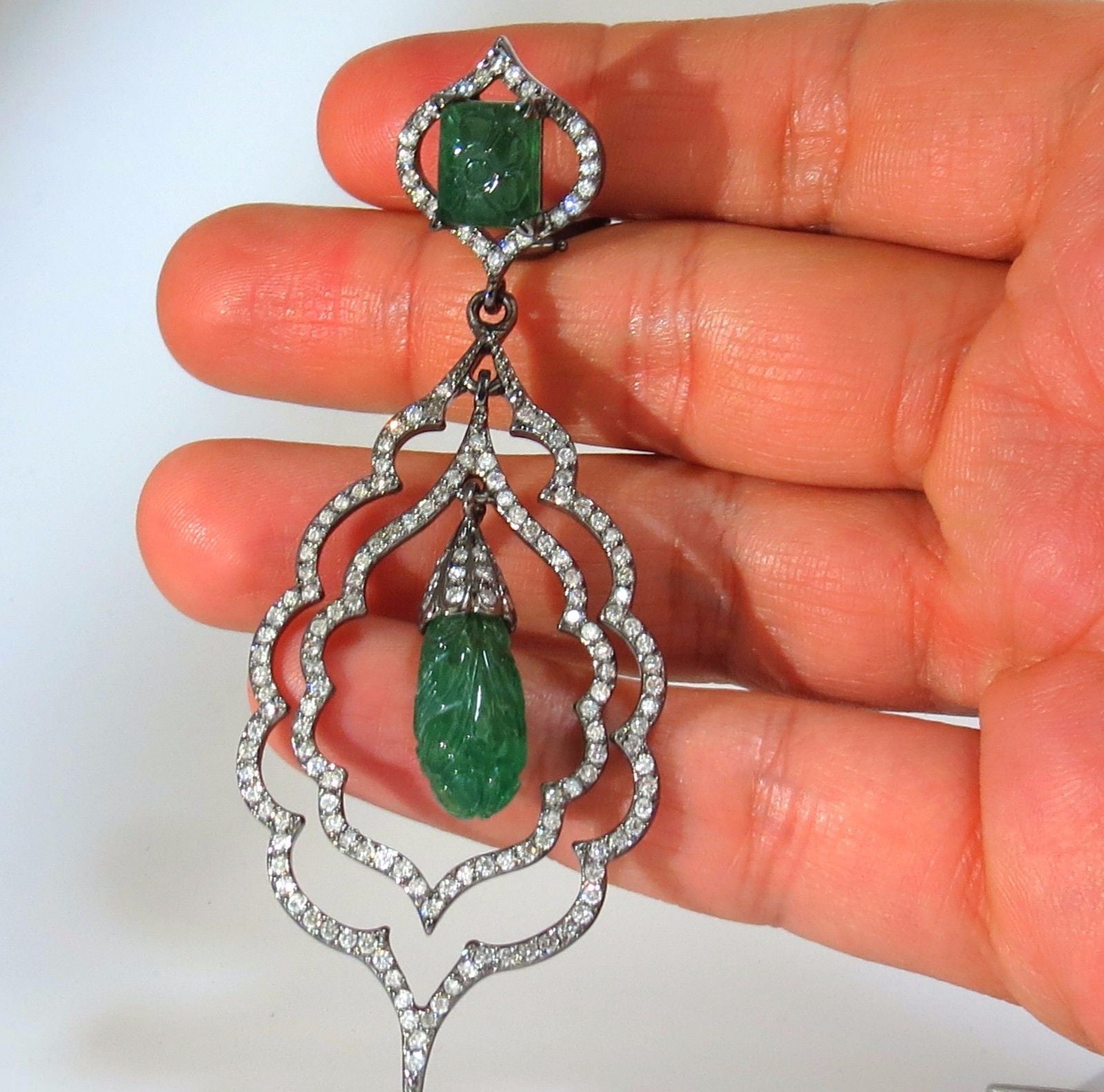 29.50ct Natural Carved Emerald Diamond Dangling Earrings - Large Size for Women | Elegant Jewelry for Parties, Weddings & Special Occasions