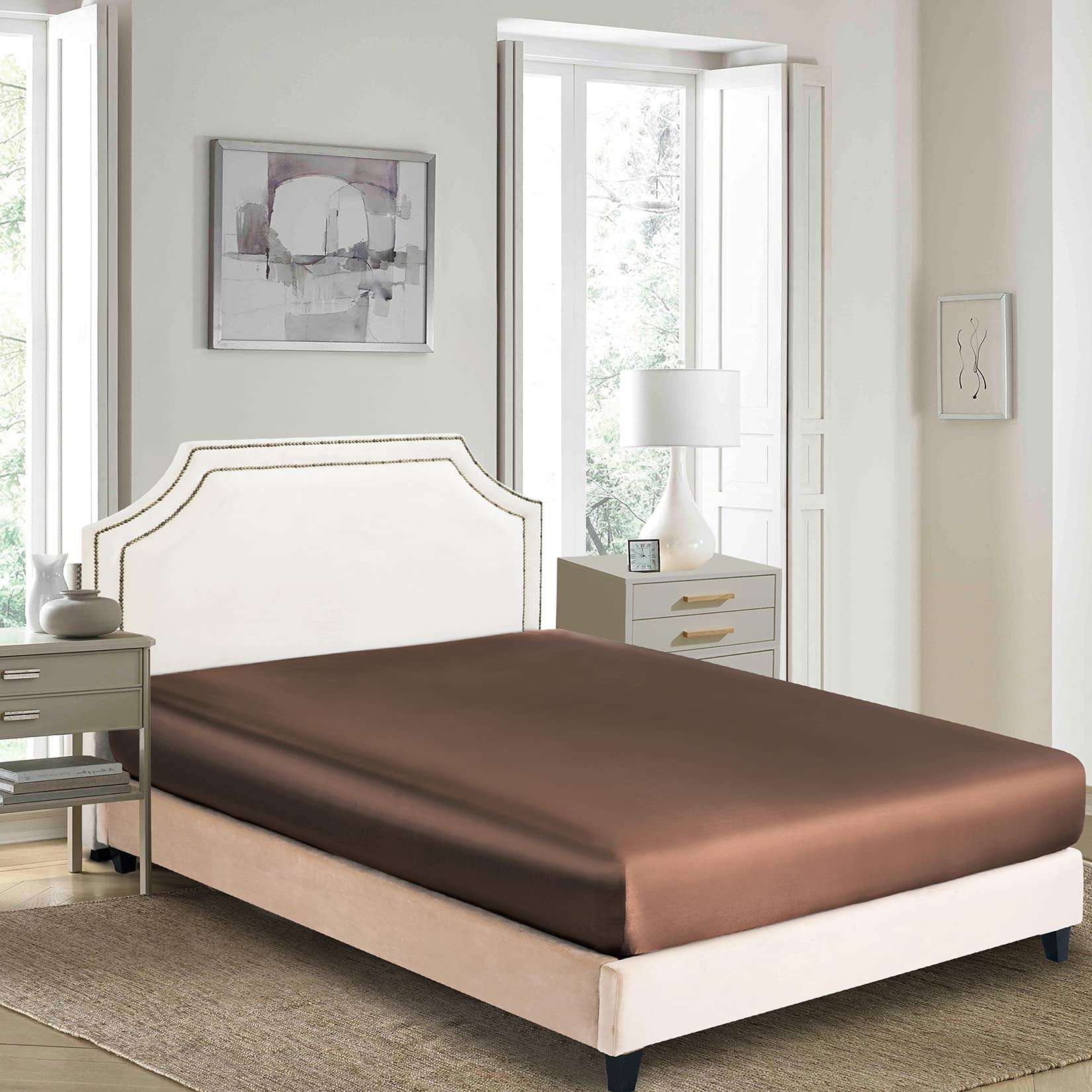 Luxury Satin Fitted Sheet Queen Size - 1-Piece Ultra Soft Deep Pocket Silk Bottom Bed Sheet (Brown) - Perfect for Master Bedrooms, Guest Rooms & Luxury Hotels