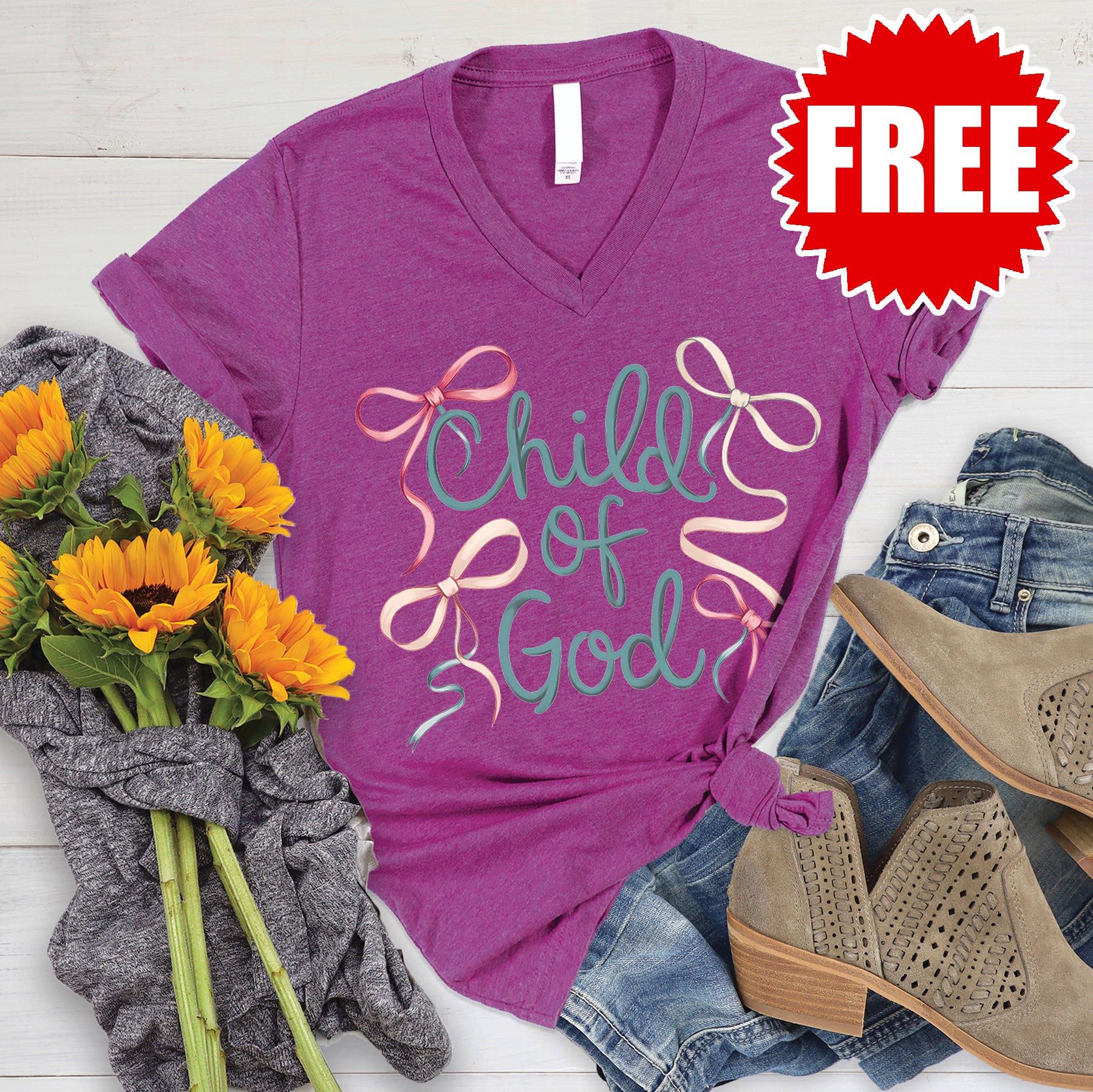 Child of God V-Neck T-Shirt - Heather Magenta | Soft Cotton Christian Apparel for Women & Teens | Church, Bible Study & Everyday Wear