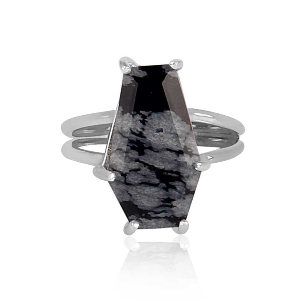 Natural Snowflake Obsidian Gemstone Ring - Sterling Silver Coffin Ring with Prong Setting, Handmade Boho Jewelry - Perfect Gift for Mom, Women's Fashion Accessory for Everyday Wear & Special Occasions