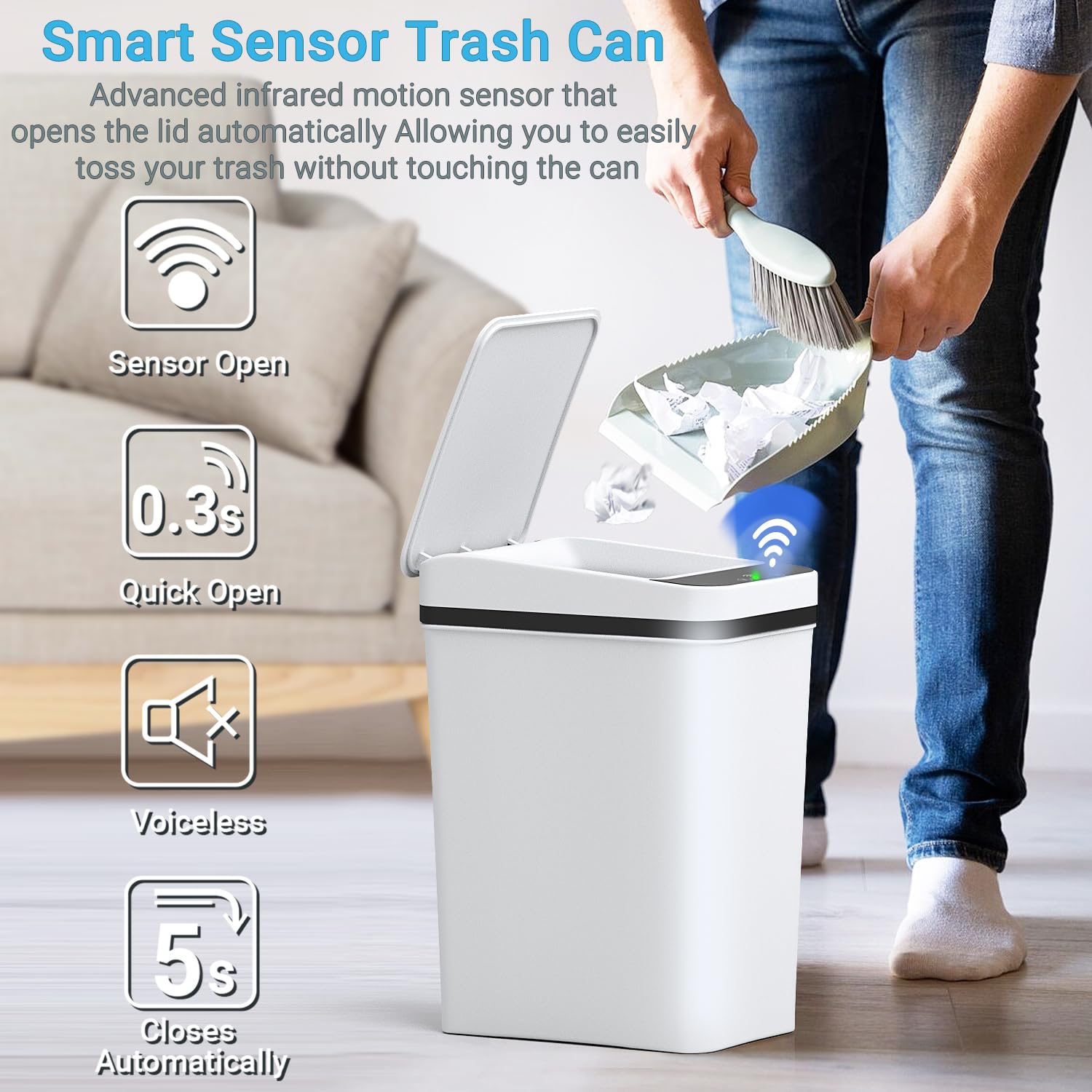 4 Gallon Automatic Motion Sensor Touchless Trash Can - Smart Electric Garbage Bin with Lid & Extra Container, Waterproof Design for Bathroom, Kitchen, Office, Bedroom (White) | Hands-Free Waste Disposal Solution for Hygienic Home & Workspaces