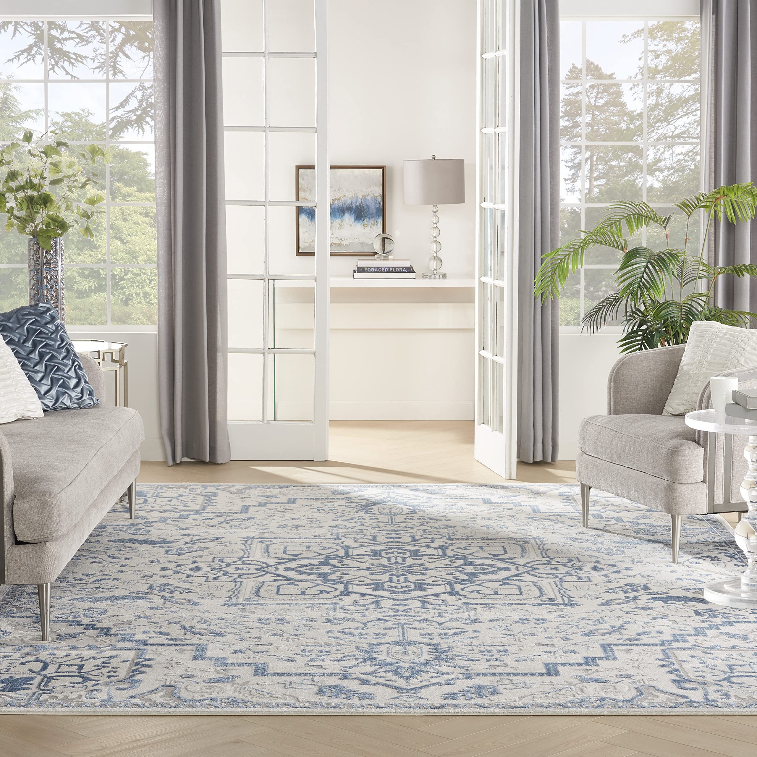 Nourison Elation Floral Ivory Blue 8x10 Area Rug - Easy Clean, Non-Shedding, Stain Resistant - Perfect for Bedroom, Living Room, Dining Room & Kitchen Decor - Soft & Durable for High Traffic Areas