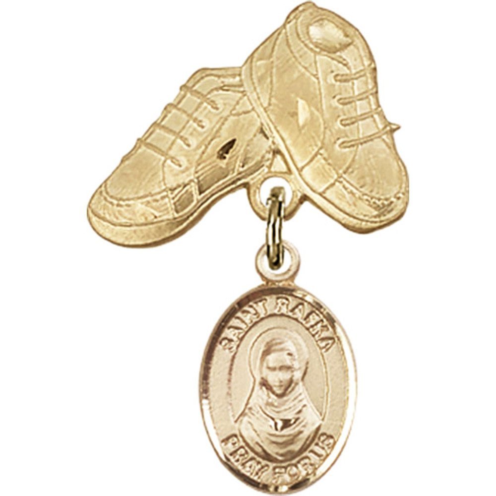 Gold Filled Baby Badge with St. Rafta Charm & Baby Boots Pin - 1 x 5/8 Inch - Perfect for Christening Gifts, Baby Showers & Keepsake Jewelry