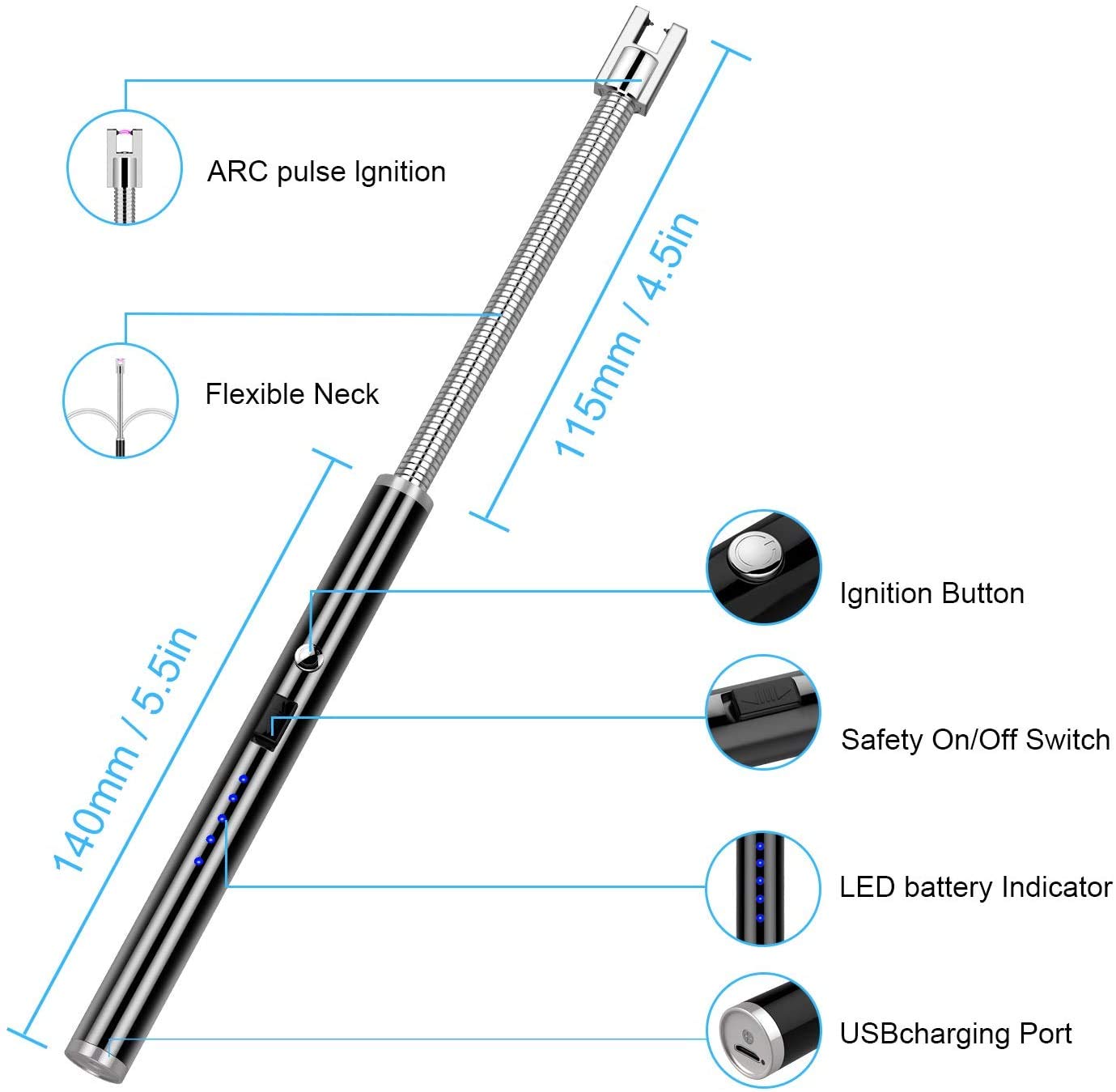 USB Rechargeable Arc Lighter for Candles, BBQ & Camping - Black