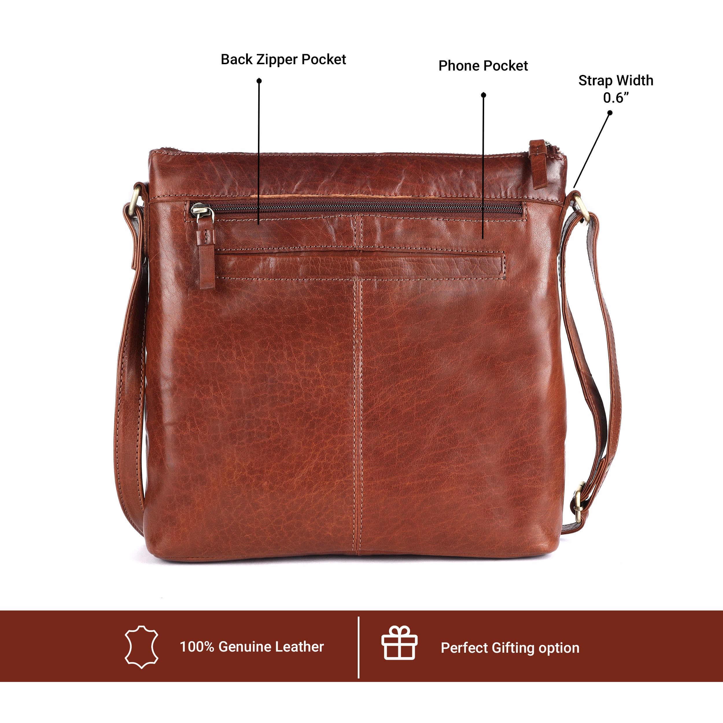 Premium Genuine Leather Women's Crossbody Bag - Olga Large Soft Triple Zip Sling Shoulder Purse for Work, Travel & Everyday Use
