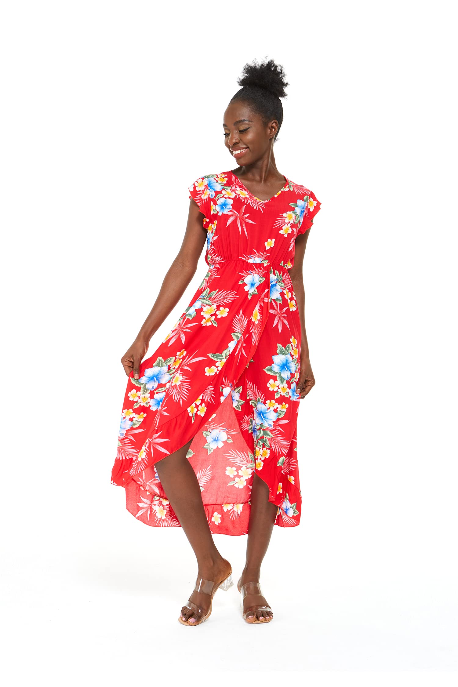 Hawaiian Luau Wrap Ruffle Dress for Women - Floral Hibiscus Vine Print - Perfect for Beach Parties, Summer Vacations & Tropical Getaways