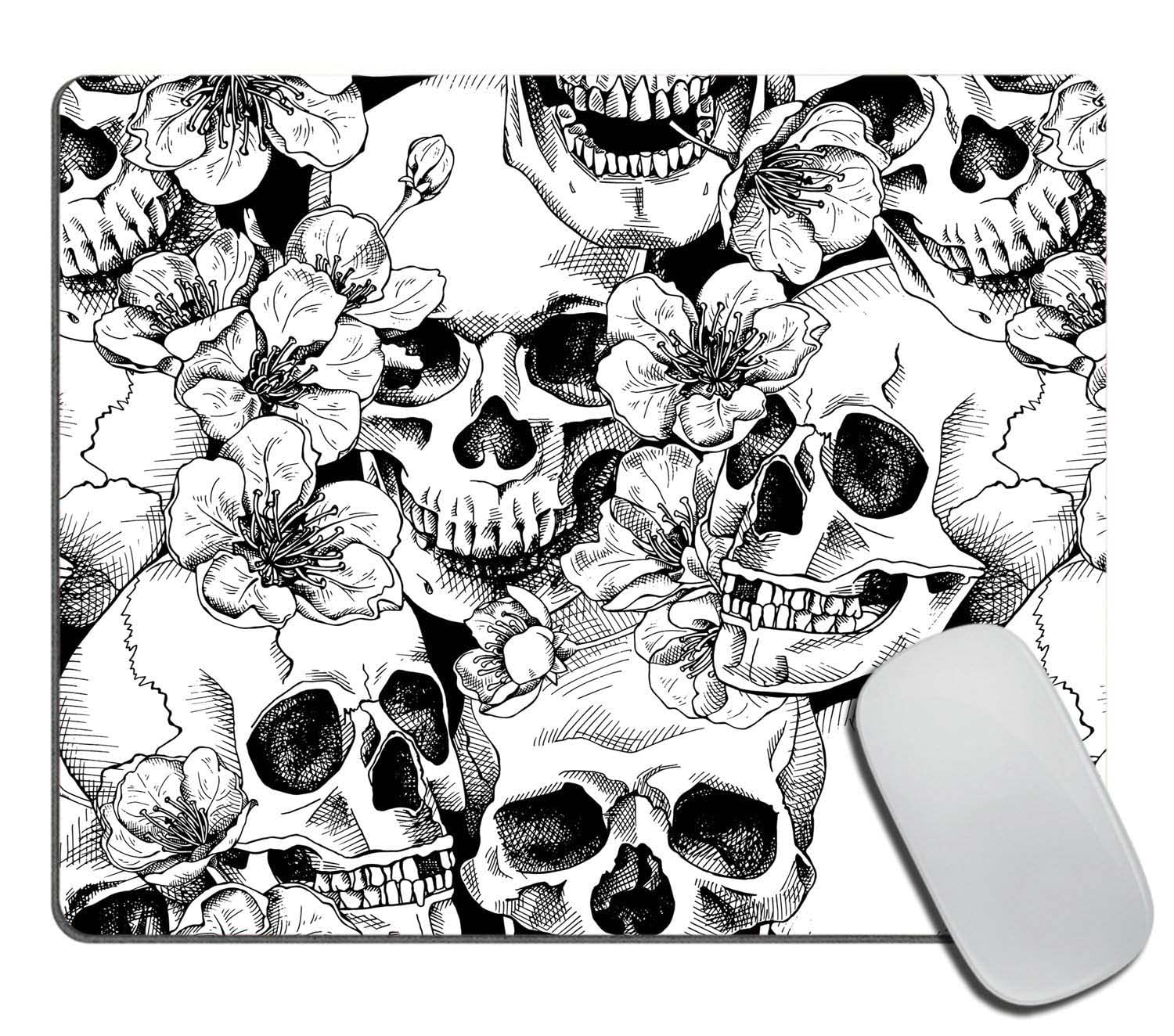 Sugar Skull Floral Black White Mouse Pad - Non-Slip Rubber Base Square Mouse Mat for Office & Laptop (9.5