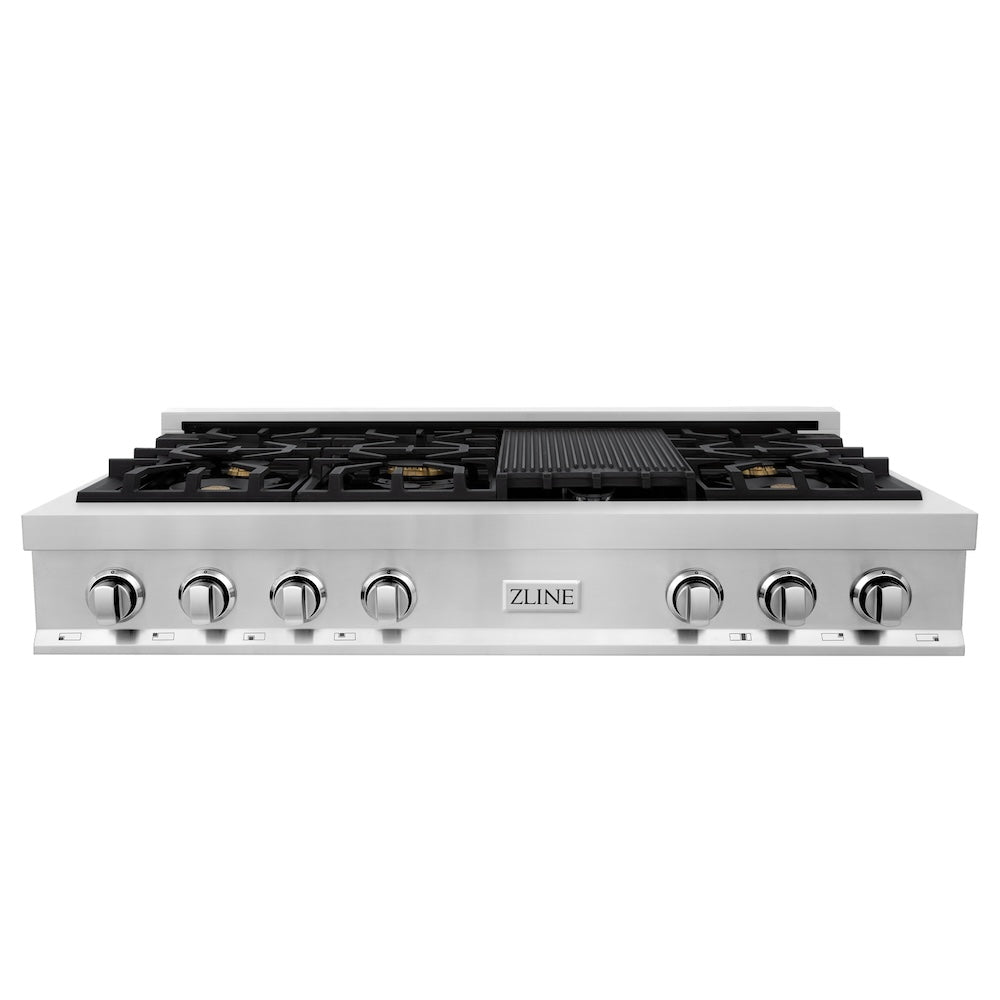 ZLINE 48-Inch Stainless Steel Gas Rangetop with 6 Brass Burners & Porcelain Cooktop - Professional Grade for Home Chefs - Perfect for Gourmet Cooking & Large Family Meals