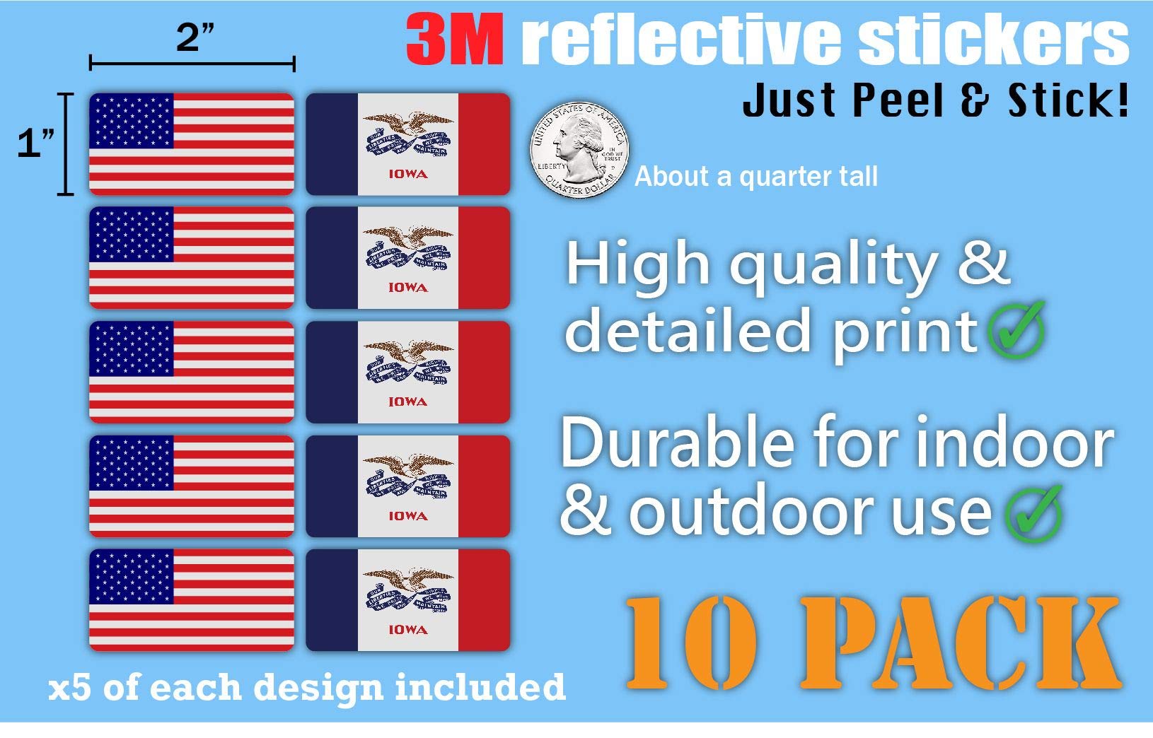 (x10) 3M Reflective Iowa and US Flag Stickers - High Visibility Safety Decals for Hard Hats, Laptops, Bikes & Toolboxes | Perfect for Night Safety, Work Gear Identification & Patriotic Decor