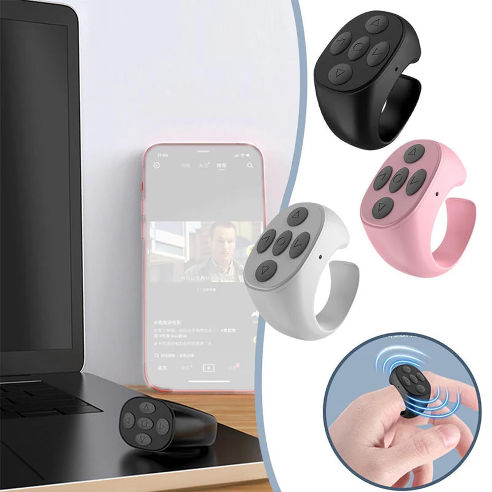 Wireless Bluetooth Page Turner Ring - Rechargeable Finger Remote Control for Smartphones & Tablets - Hands-Free Video Scrolling, App Control, Camera Shutter - Perfect for Presentations, Online Teaching & Social Media (Black with Charging Cable)