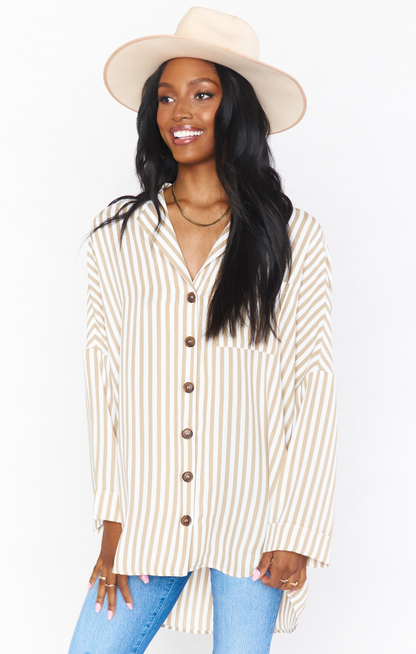 Lorolie Women's Beige Striped Tunic Top - Casual Everyday Wear for Work, Office & Outings