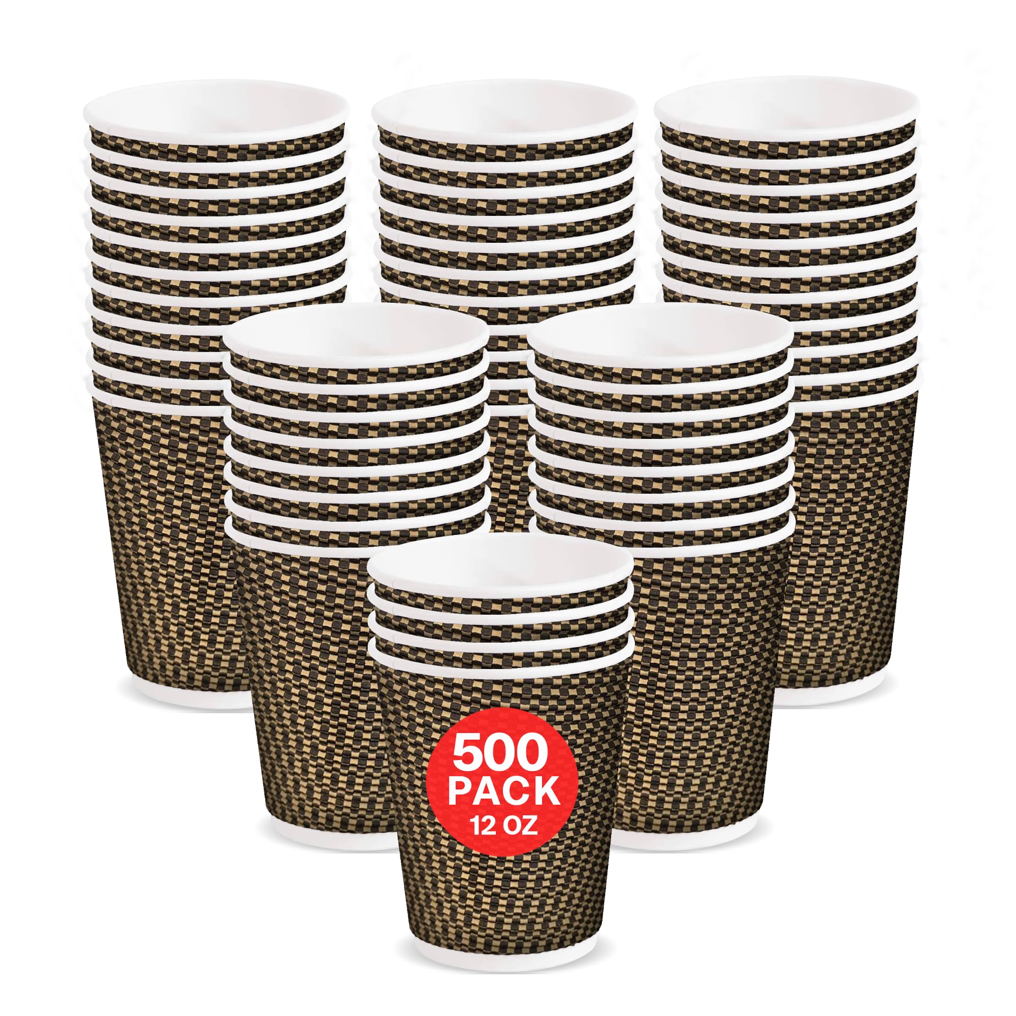 500 Pack 12 oz Gold Disposable Paper Cups - Ripple Wall Design, Insulated Hot Beverage Cups, Eco-Friendly & Recyclable for Coffee, Tea, Parties, Office, and Events