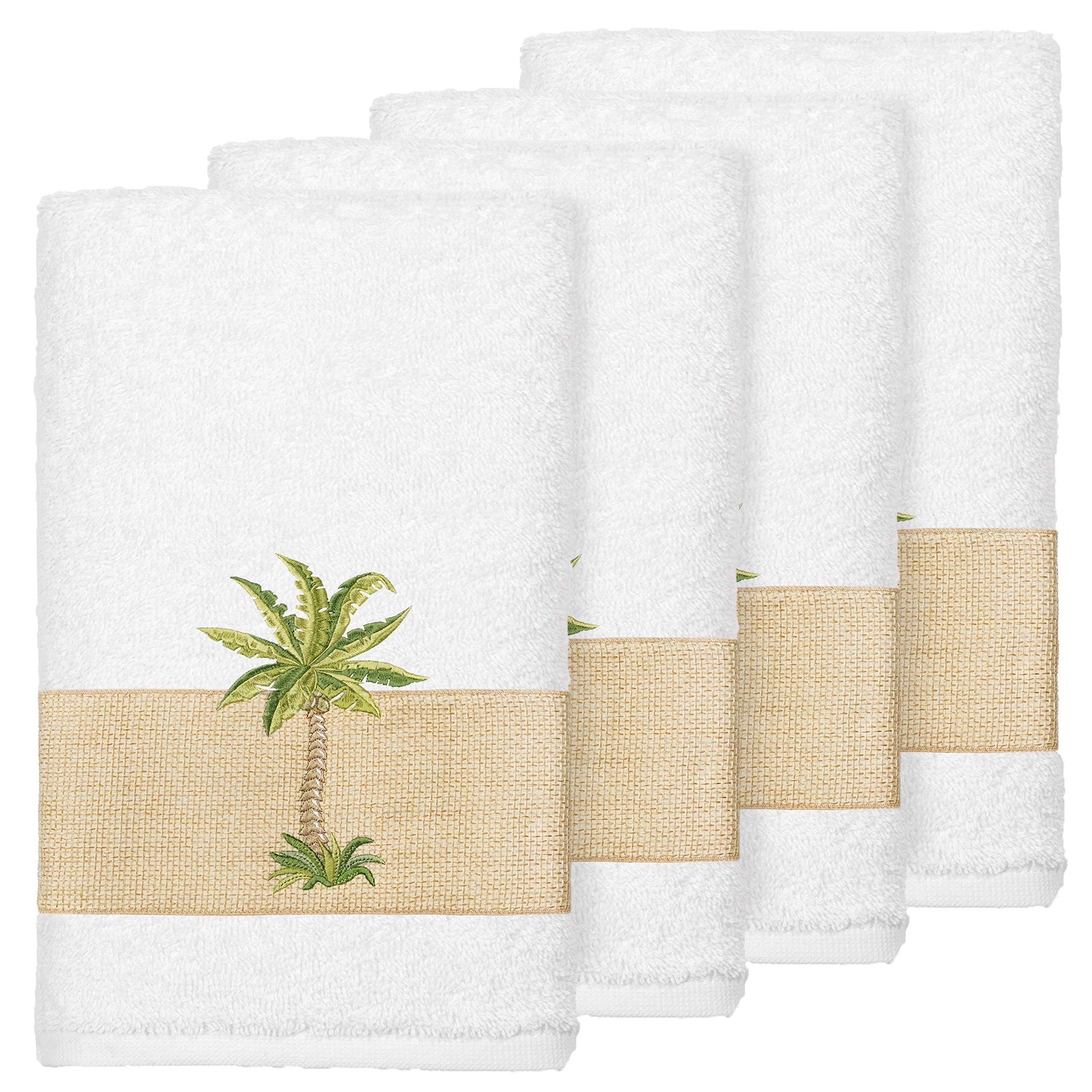Premium Turkish Cotton Hand Towels Set of 4 - Soft White Bath Towels with Elegant Palm Tree Embroidery for Bathroom, Kitchen & Spa Use