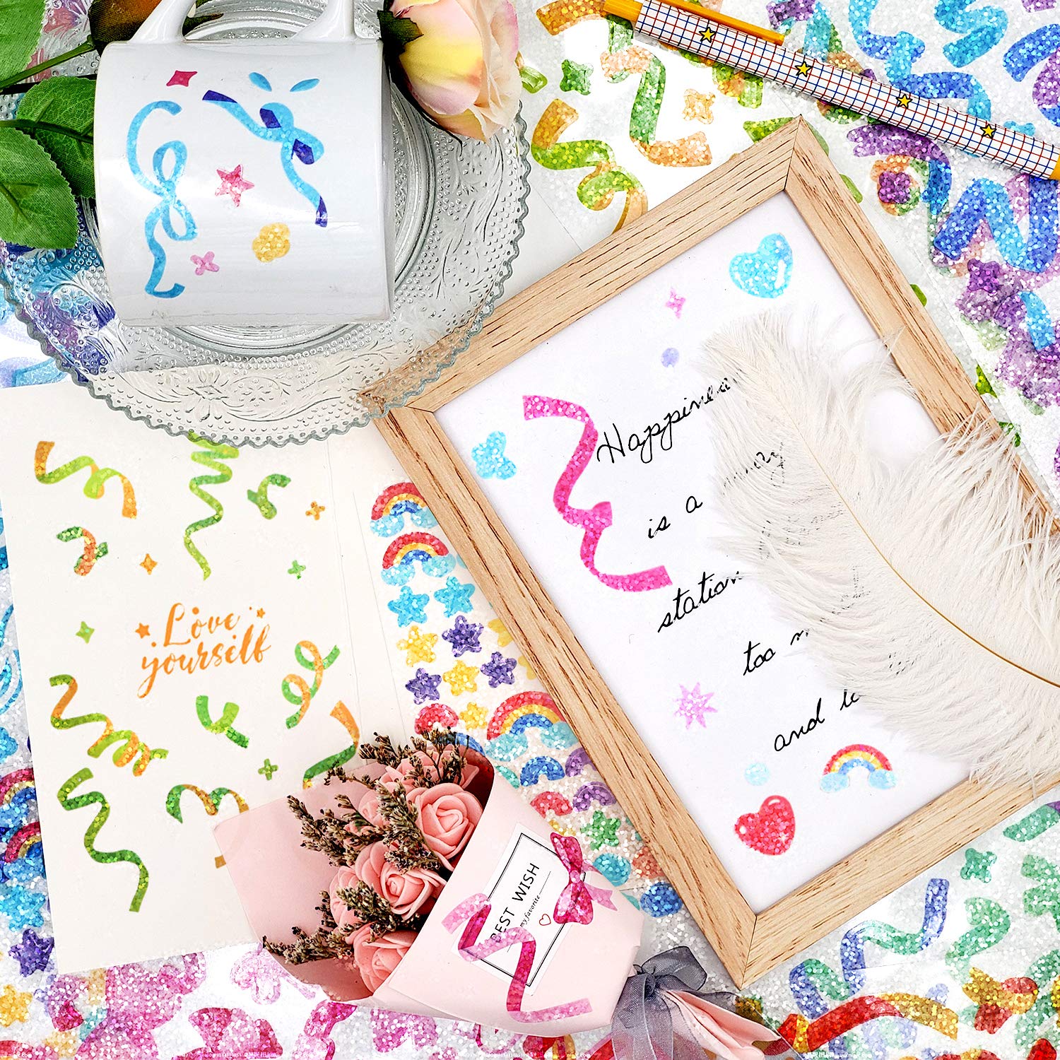 Conor 15 Sheet Scrapbook Sticker Set - Laser Cut Confetti Stickers, Rainbow Shiny Bling Decorations for Journaling, Diary, Album, Card Making & DIY Arts & Crafts | Perfect for Scrapbooking, Bullet Journal, Planner Decoration & Gift Wrapping