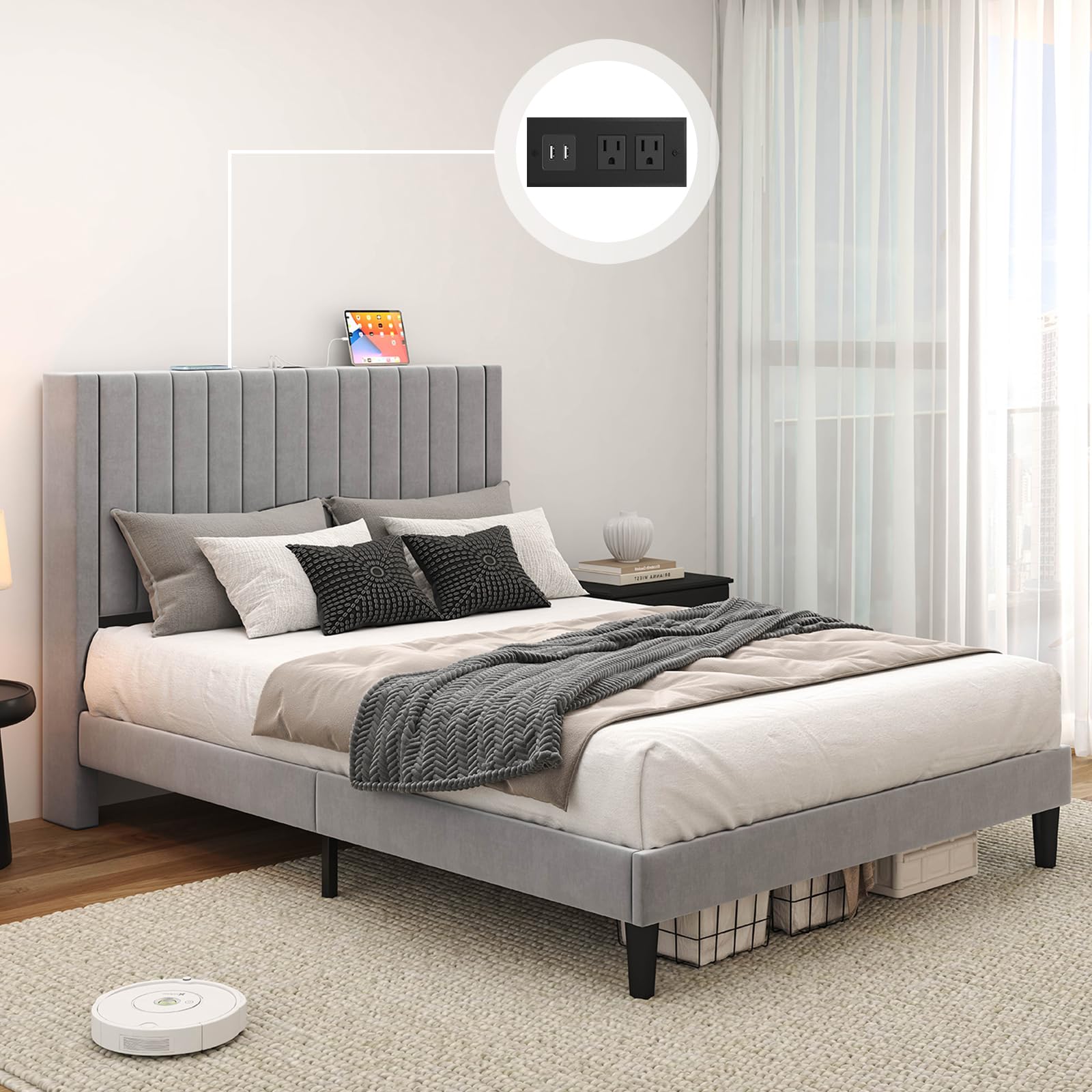 Amerlife Queen Size Bed Frame with Storage & Charging Station - Upholstered Velvet Headboard, Wood Slat Support, Light Grey - Perfect for Small Bedrooms & Modern Apartments