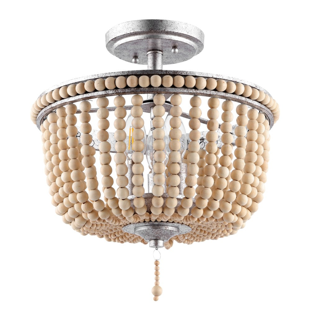 Allie 14 Inch Wood Beaded & Metal LED Flush Mount Ceiling Light - Modern Farmhouse Lighting Fixture for Bedroom, Living Room, Kitchen, and Hallway