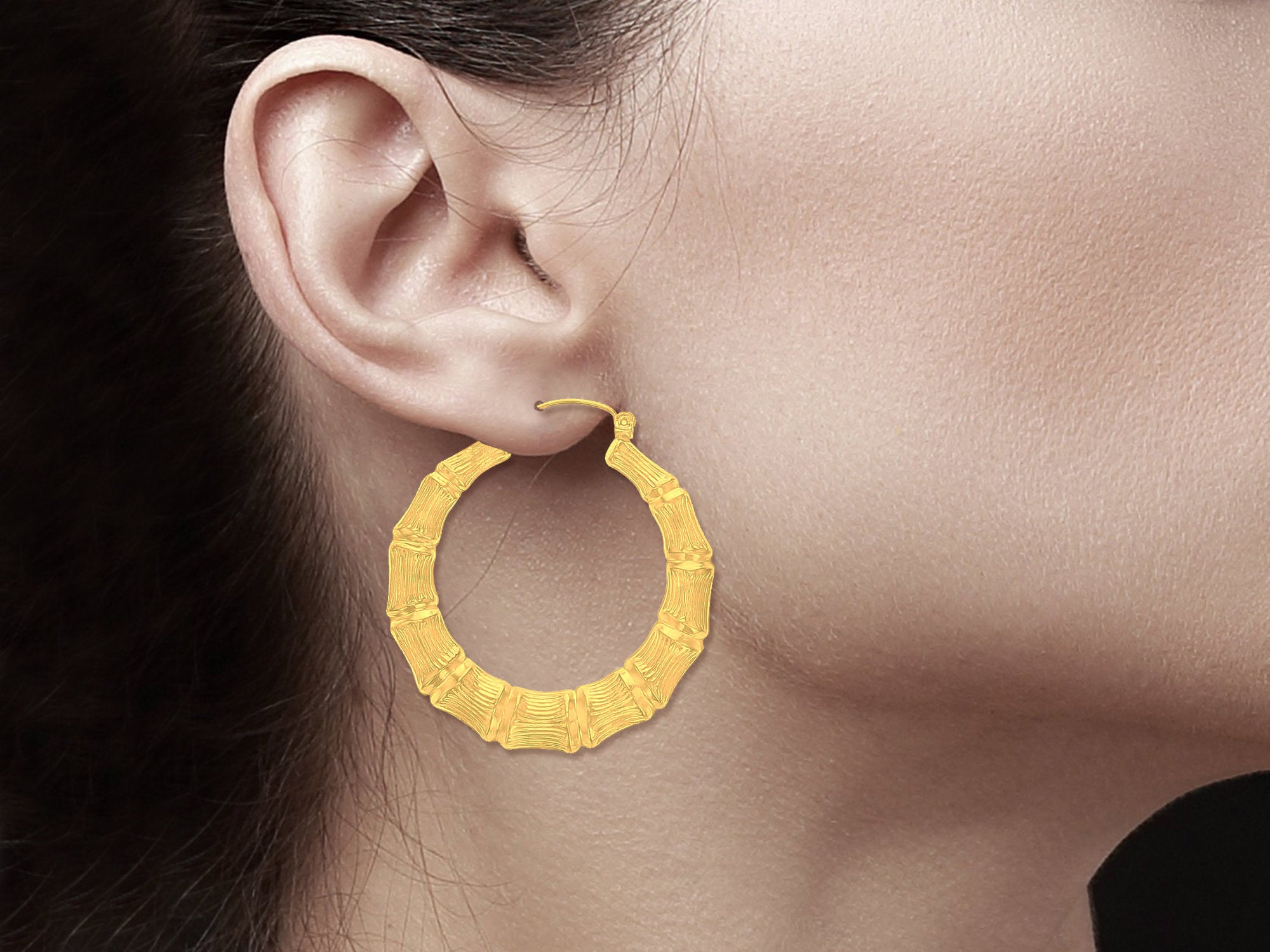 38MM 14K Yellow Gold Bamboo Hoop Earrings for Women - Elegant Everyday & Party Jewelry Gift