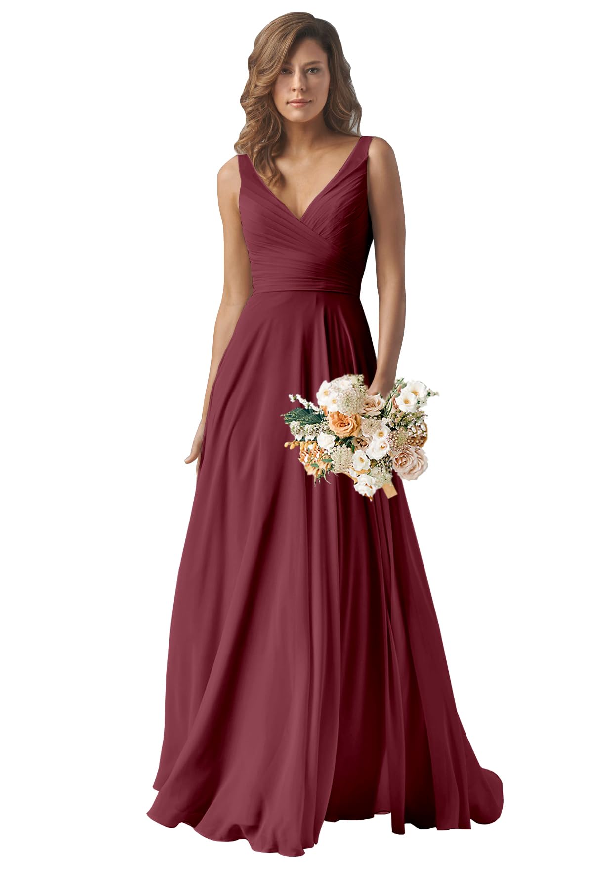 Sukleet Women's V-Neck Chiffon Bridesmaid Dress Long A-Line Pleated Formal Evening Gown for Wedding, Prom, Party & Special Occasions