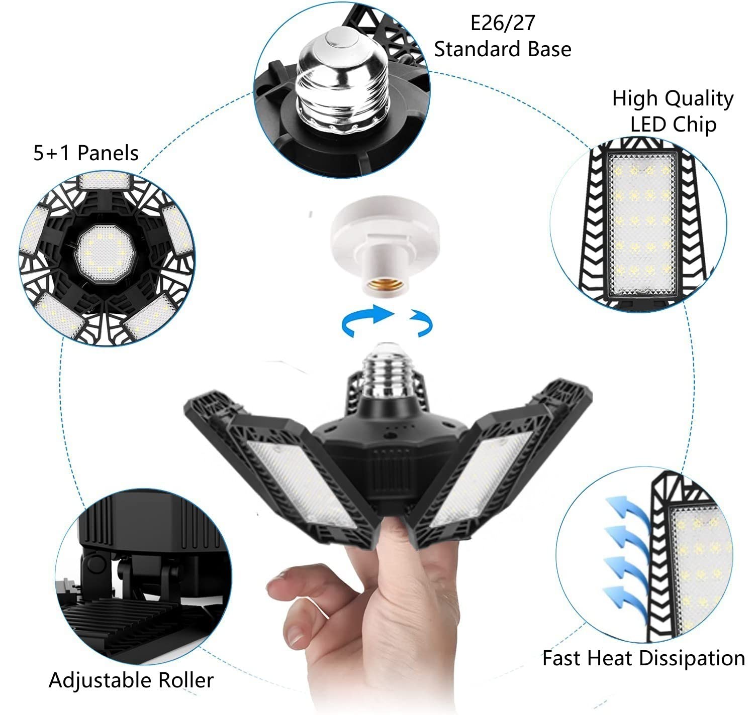 2 Pack LED Garage Lights, 160W 16500LM 6500K Adjustable Deformable Ceiling Light with 5+1 Panels, E26/E27 Screw Base - Bright Shop Lighting for Garage, Basement, Workshop, Warehouse & Industrial Spaces
