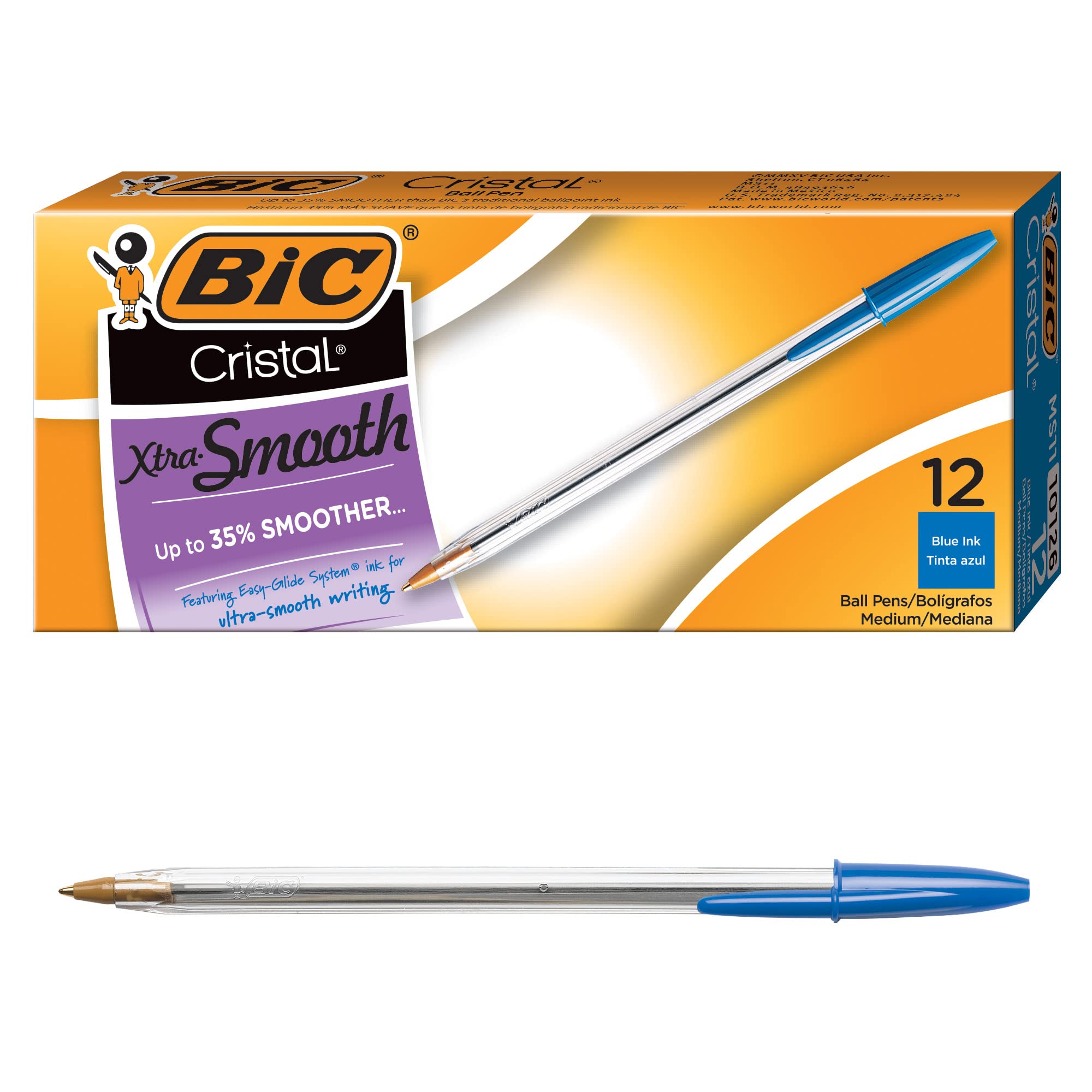 BIC Cristal Xtra Smooth Blue Ballpoint Pens - Medium Point 1.0mm (12-Pack) - Extra Smooth Writing for Office, School & Everyday Use - Reliable Ballpoint Pens for Notes, Journaling & Documents