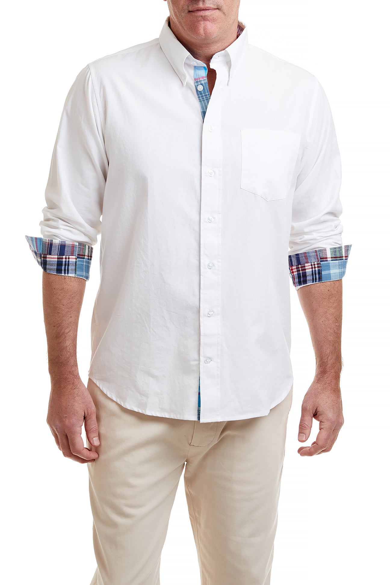Men's White Oxford Chase Shirt with Seapoint Patch & Madras Trim - Classic Casual Wear for Office & Weekend Outings