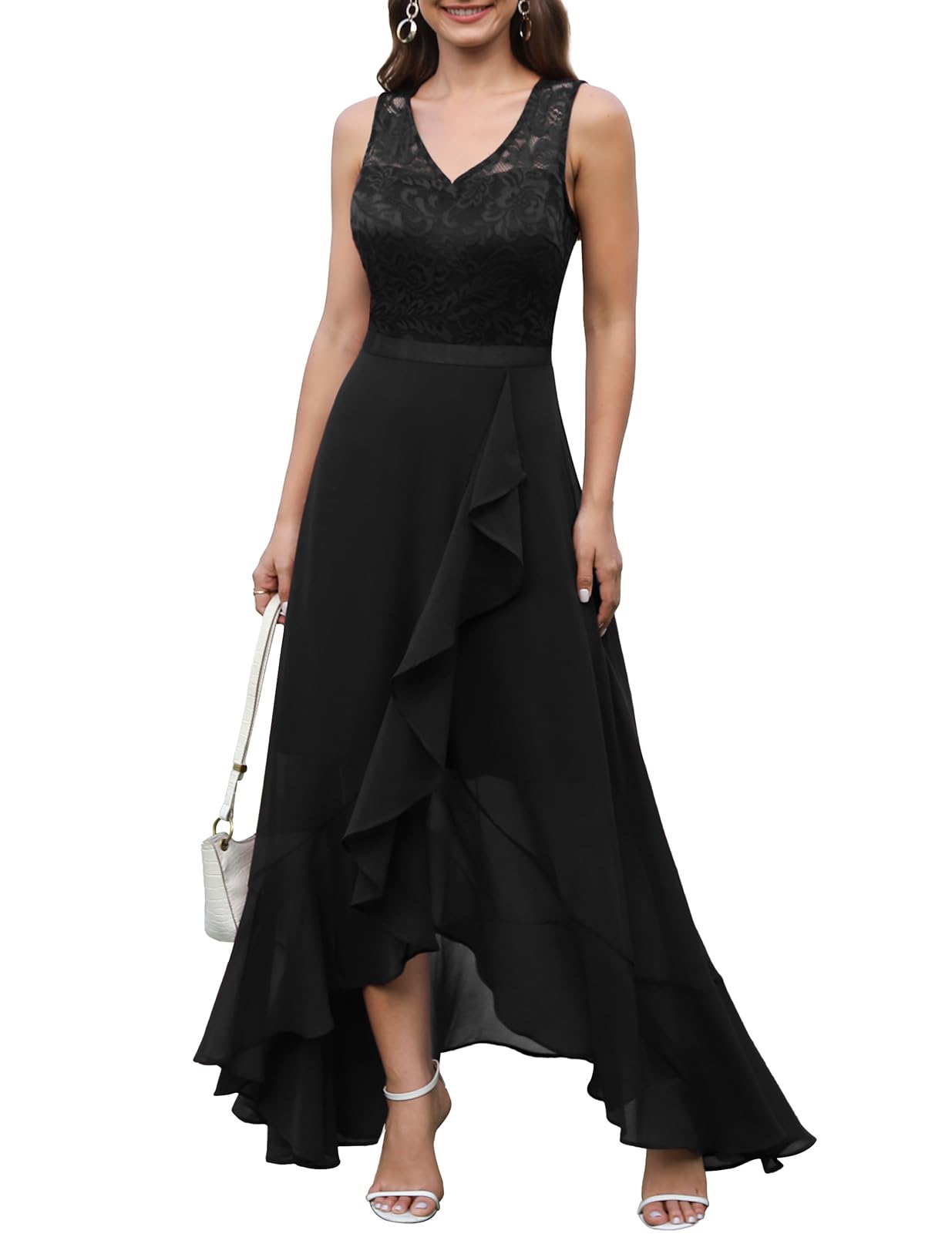 Elegant Long Lace Chiffon Wedding Guest Dress for Women - A-line Formal Bridesmaid Dress with Ruffle Asymmetrical Hem | Perfect for Weddings, Parties, and Special Occasions