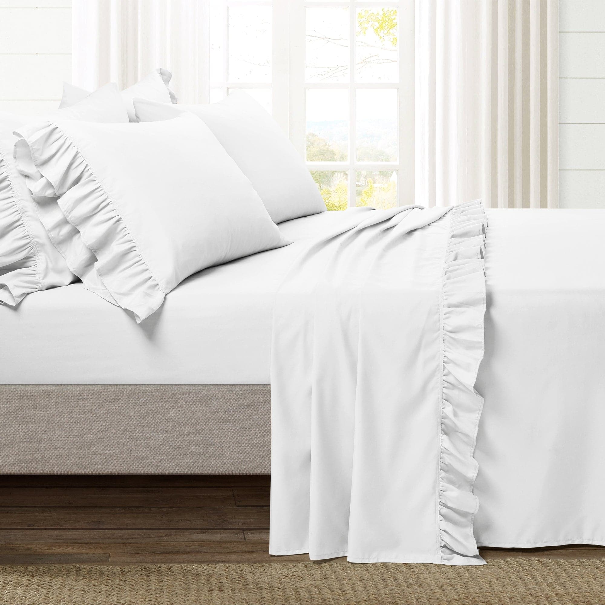 Reyna Ruffle Sheet Set - Queen Size 4-Piece Bedding Set with Floral Lace Trim, Soft Breathable Cotton for Girls & Women - Perfect for Bedroom Decor, Guest Room, and Luxury Hotel Style