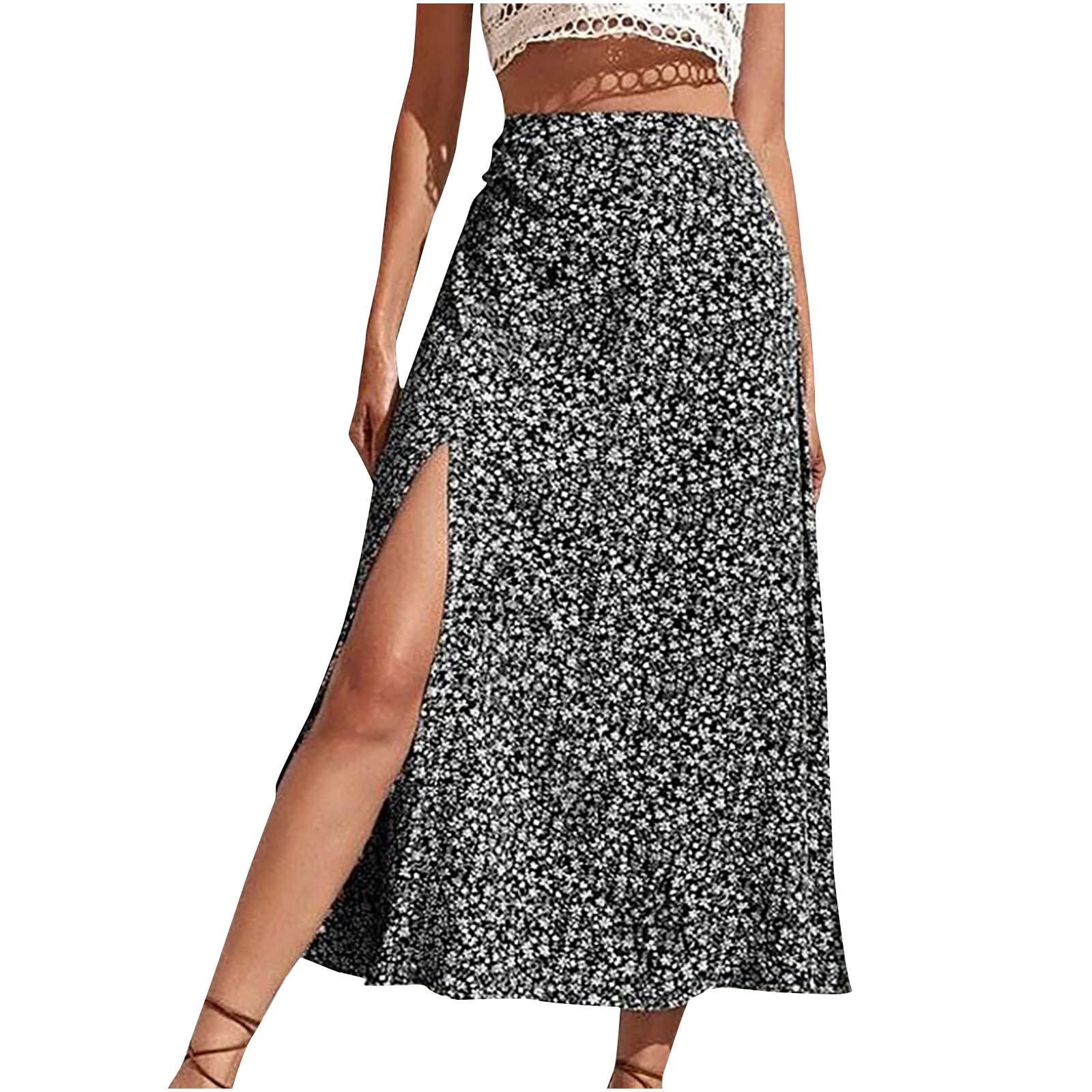 Women's Floral Print High Waist Midi Skirt with Side Slit - A-Line Swing Summer Skirt for Beach, Vacation & Casual Wear
