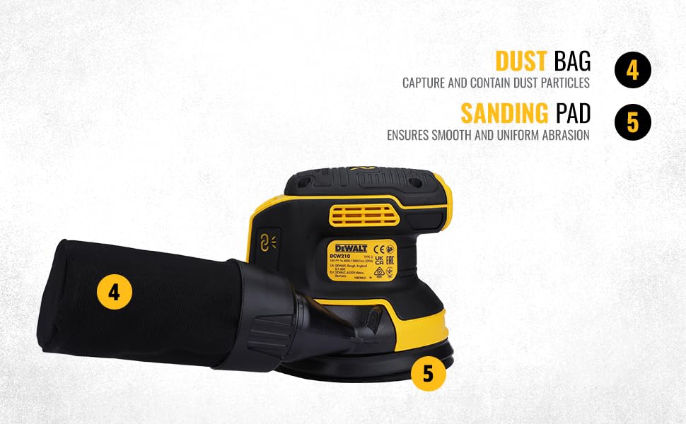 DEWALT DCW210N-XJ 18V XR Brushless Cordless Random Orbital Sander - Powerful Sanding Tool for Woodworking, DIY Projects & Home Renovation
