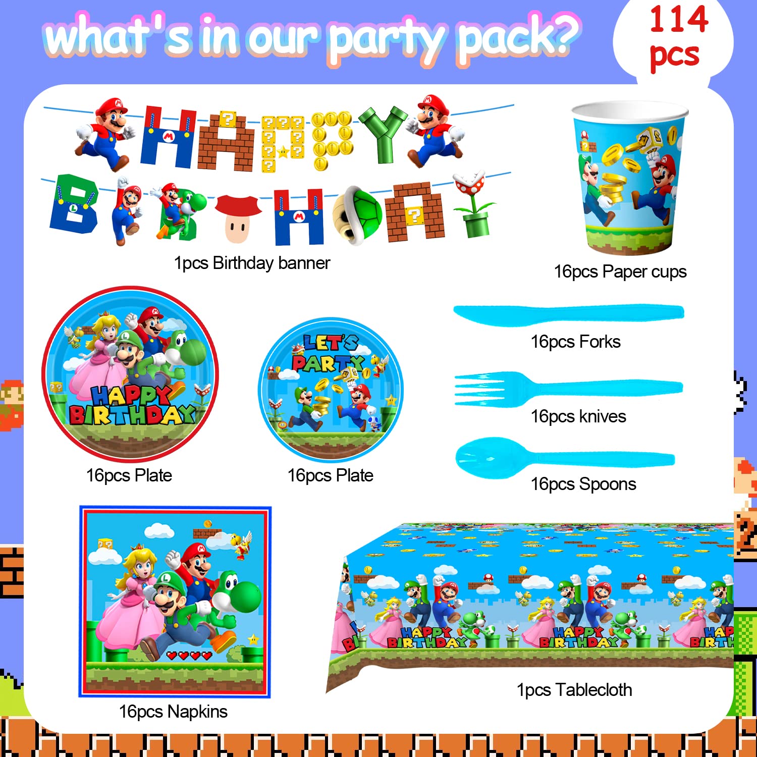 Super Mario Party Supplies 114pcs - Mario Themed Plates, Cups, Napkins, Tablecloth & Birthday Banner - Complete Kids Party Tableware Set for Super Mario Birthday Party Decorations - Perfect for Themed Birthday Parties, Game Nights & Family Gatherings