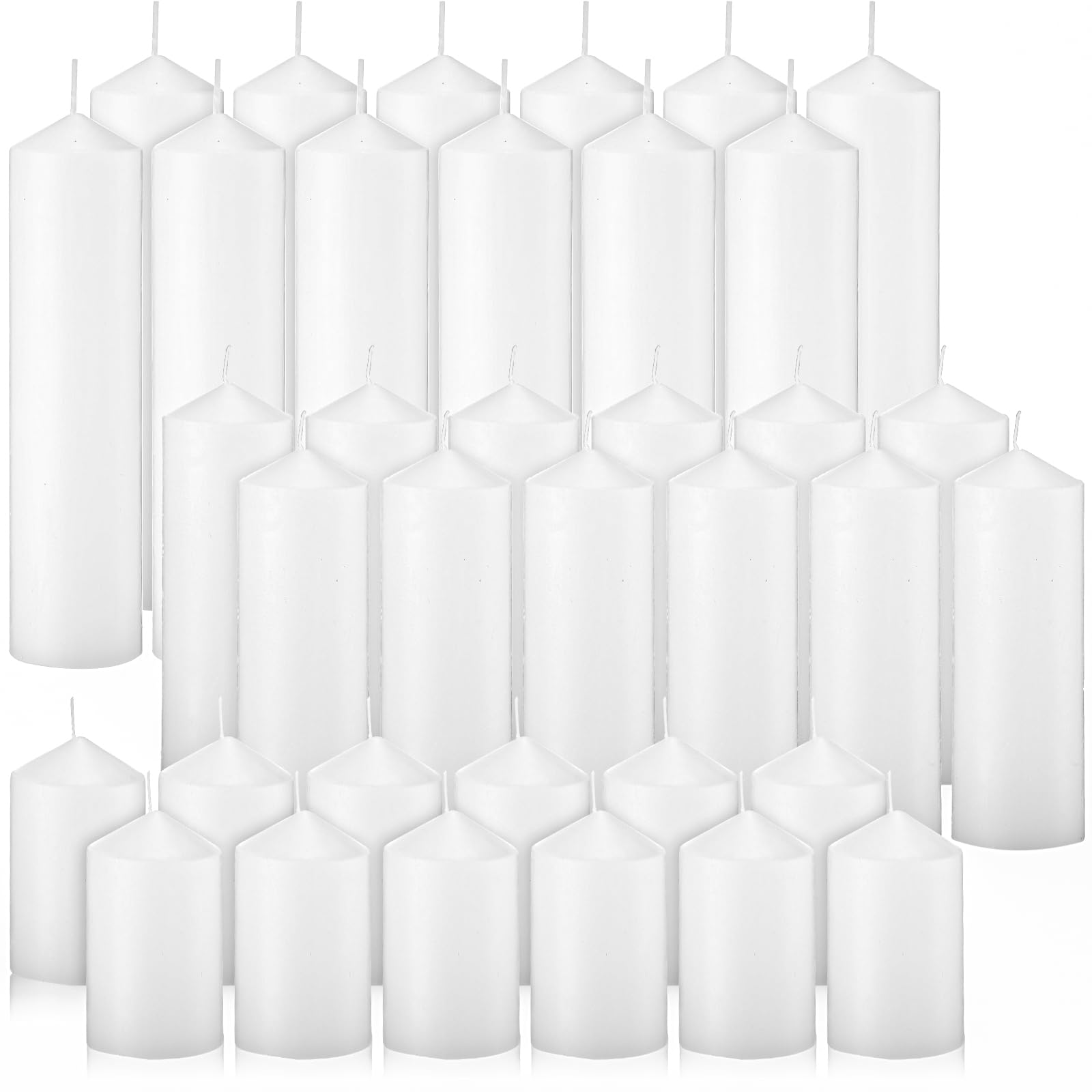 36 Pcs Bulk White Unscented Pillar Candles - 2x3/6/8 Inch Long Burning Dripless Wax Candles for Wedding, Party, Spa, Lantern & Fireplace Decor - Smokeless Home Decoration Candles Set