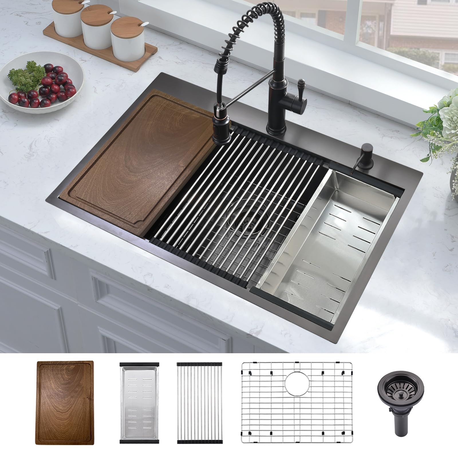 33 x 19 Inch Black Stainless Steel Drop-In Kitchen Sink - 16 Gauge Deep Single Bowl Workstation Basin for Modern Kitchens | Perfect for Meal Prep & Dishwashing
